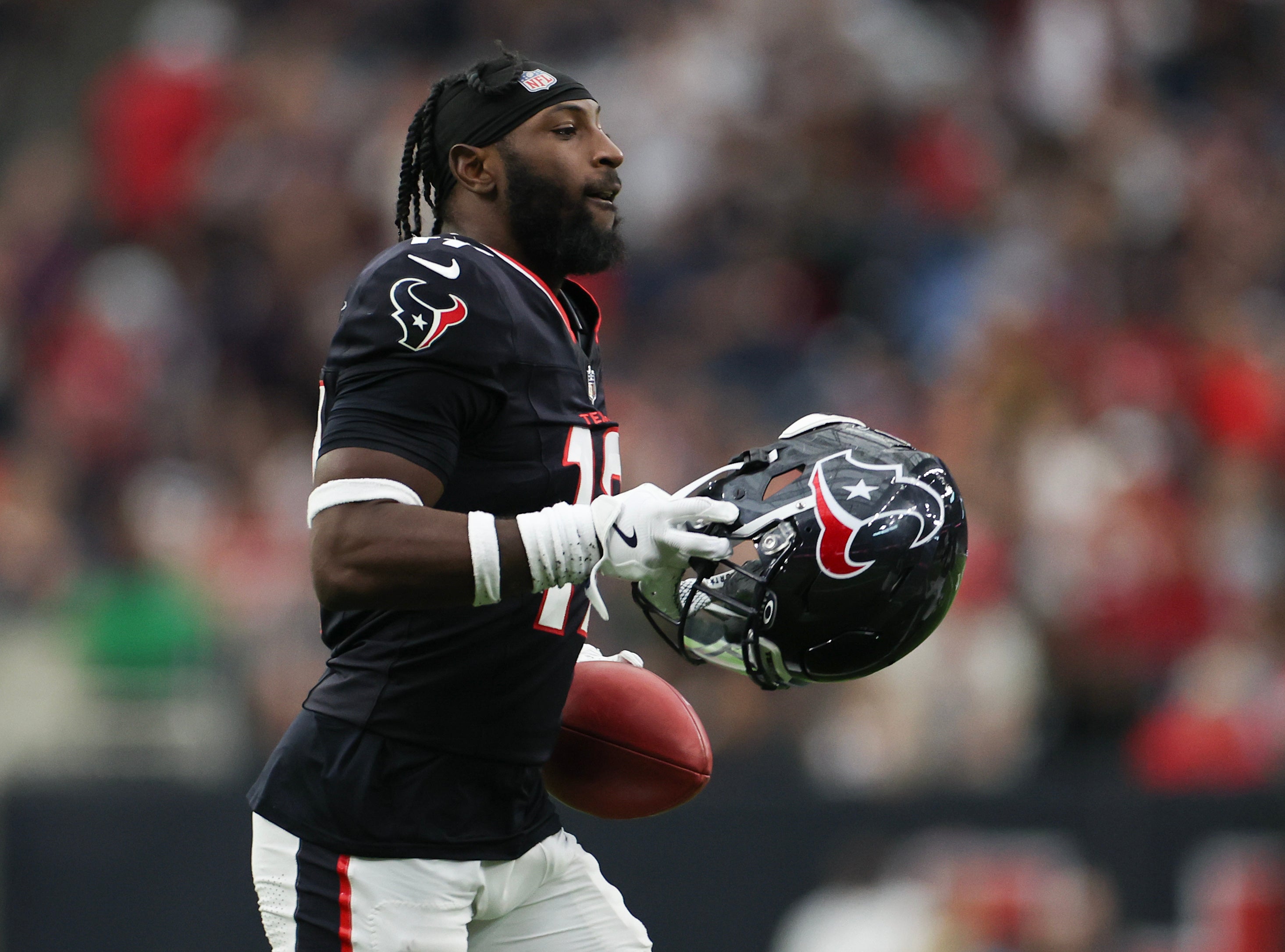Nov 24, 2024; Houston, Texas, USA; Houston Texans cornerback Kris Boyd (17) celebrates after recovering a Tennessee Titans fumble in the fourth quarter at NRG Stadium.