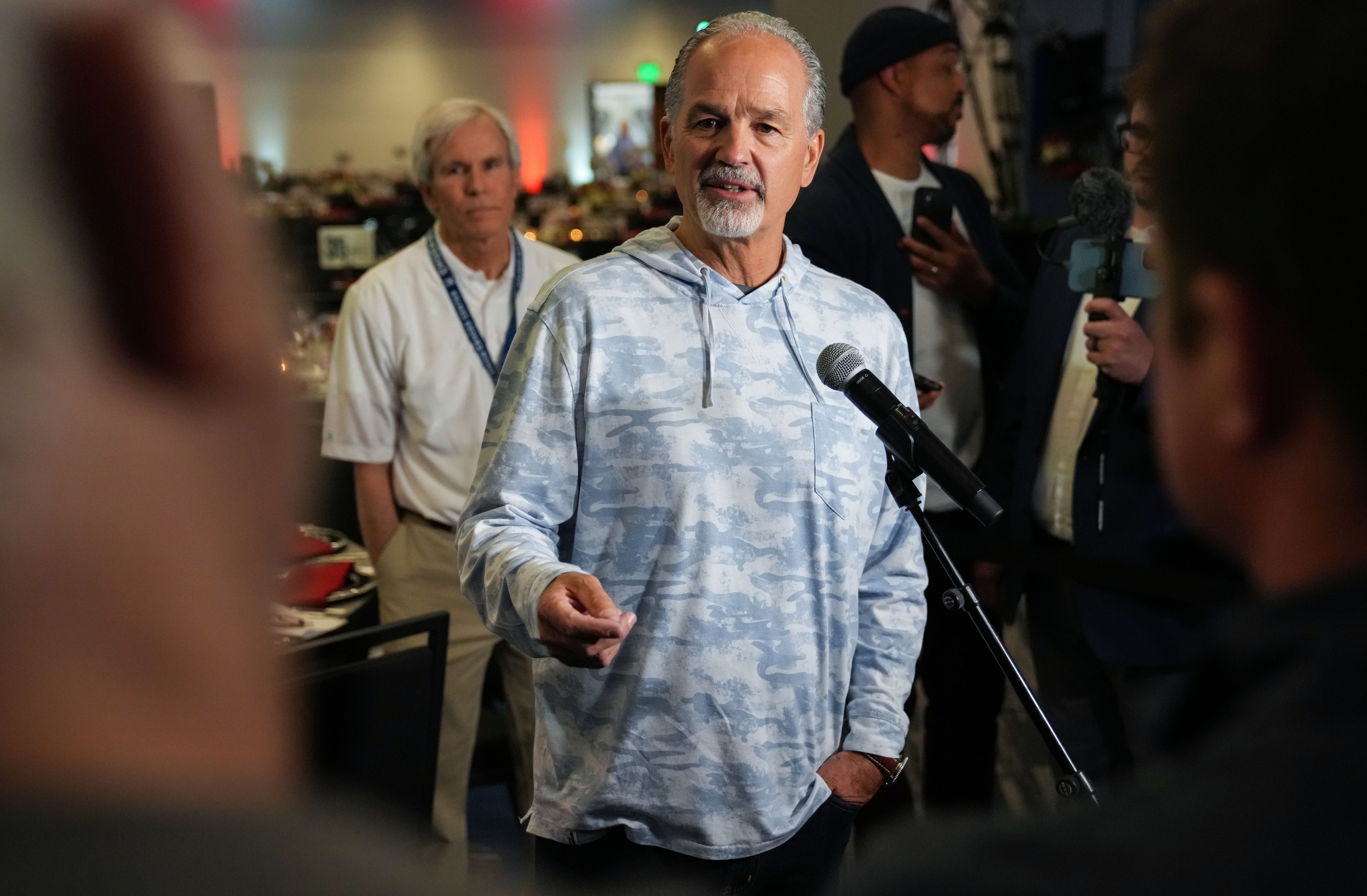 Former Colts head coach Chuck Pagano is interviewed Friday, April 12, 2024, during the Chuckstrong Tailgate Gala at the Colts Practice Facility in Indianapolis.