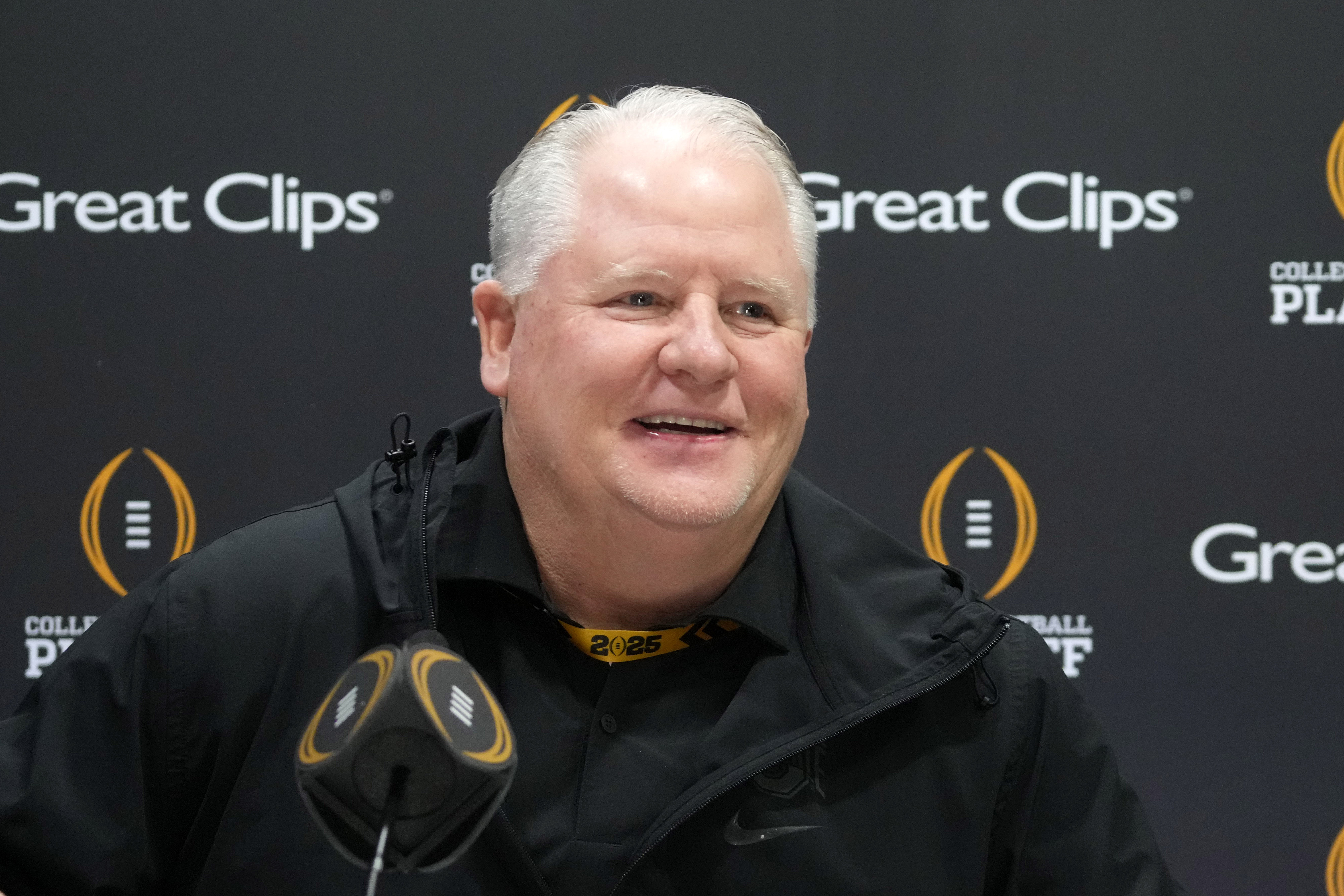 Jan 18, 2025; Atlanta, GA, USA; Ohio State Buckeyes offensive coordinator Chip Kelly during 2025 CFP National Championship Media Day at Georgia World Congress Center, Building A.