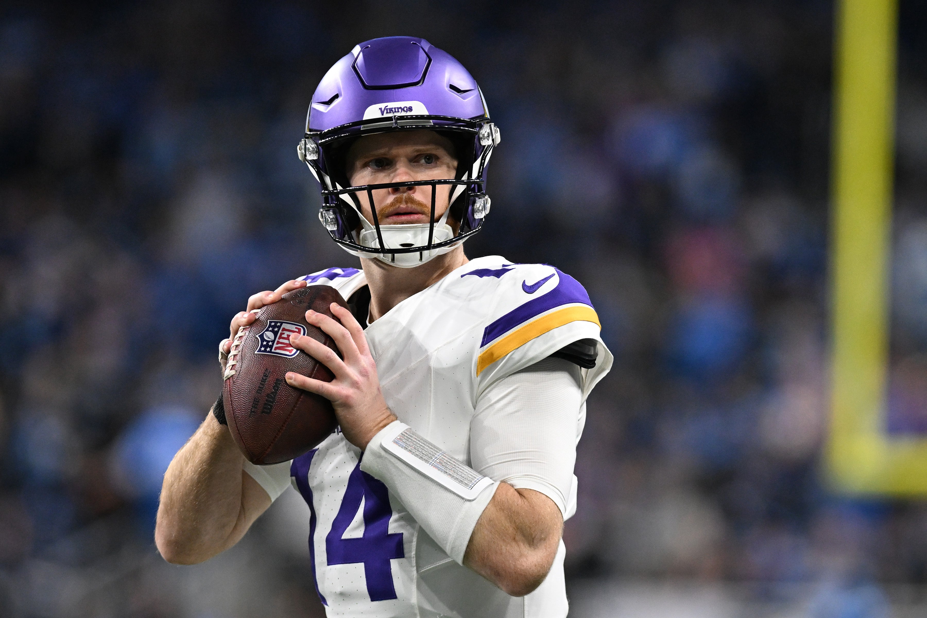 Minnesota Vikings quarterback Sam Darnold (14) throws passes during pregame warmups before their game against the Detroit Lions at Ford Field. Lon Horwedel-Imagn Images  