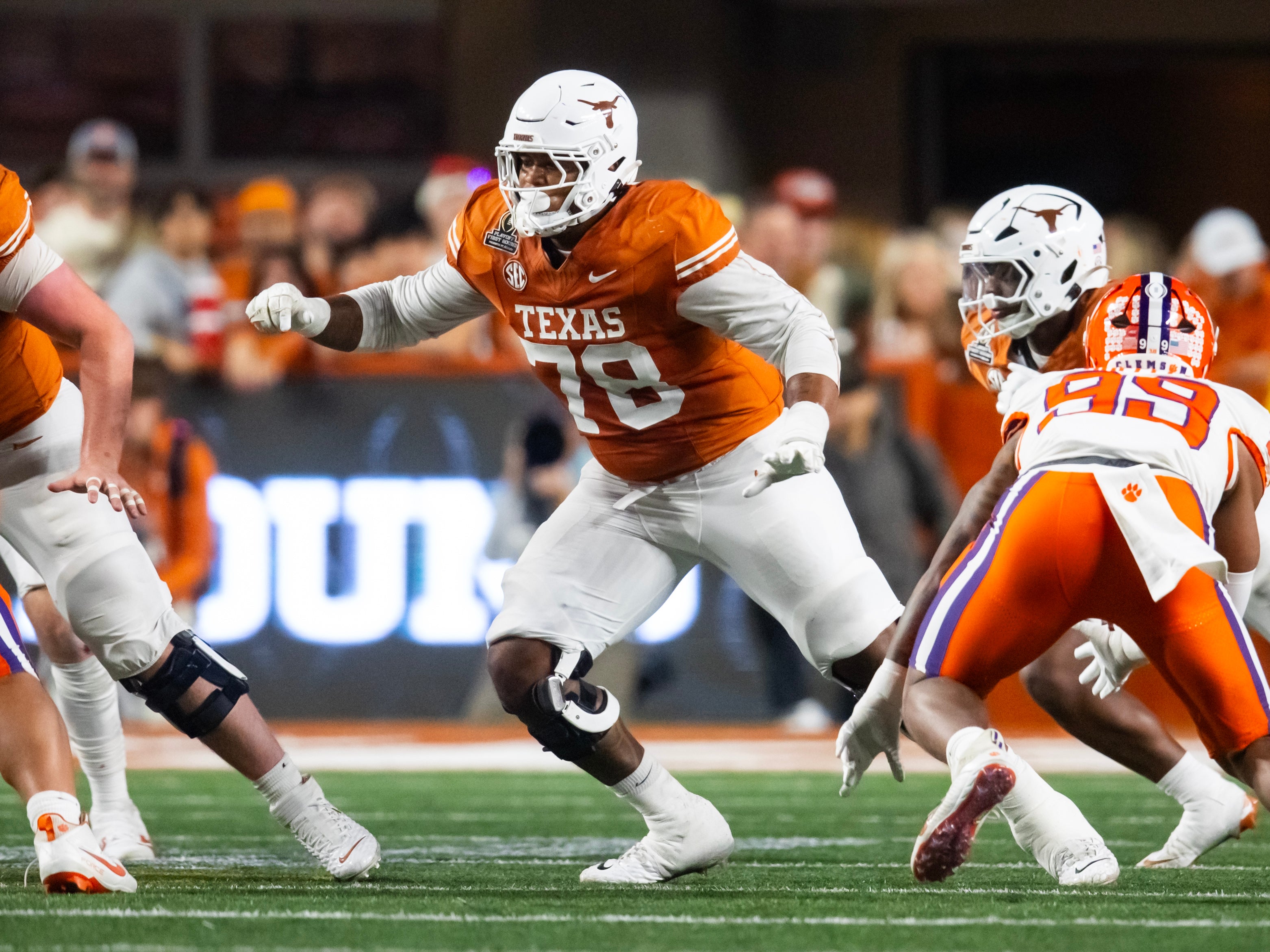 Dec 21, 2024; Austin, Texas, USA; Texas Longhorns offensive lineman Kelvin Banks Jr. (78) against the Clemson Tigers during the CFP National playoff first round at Darrell K Royal-Texas Memorial Stadium.