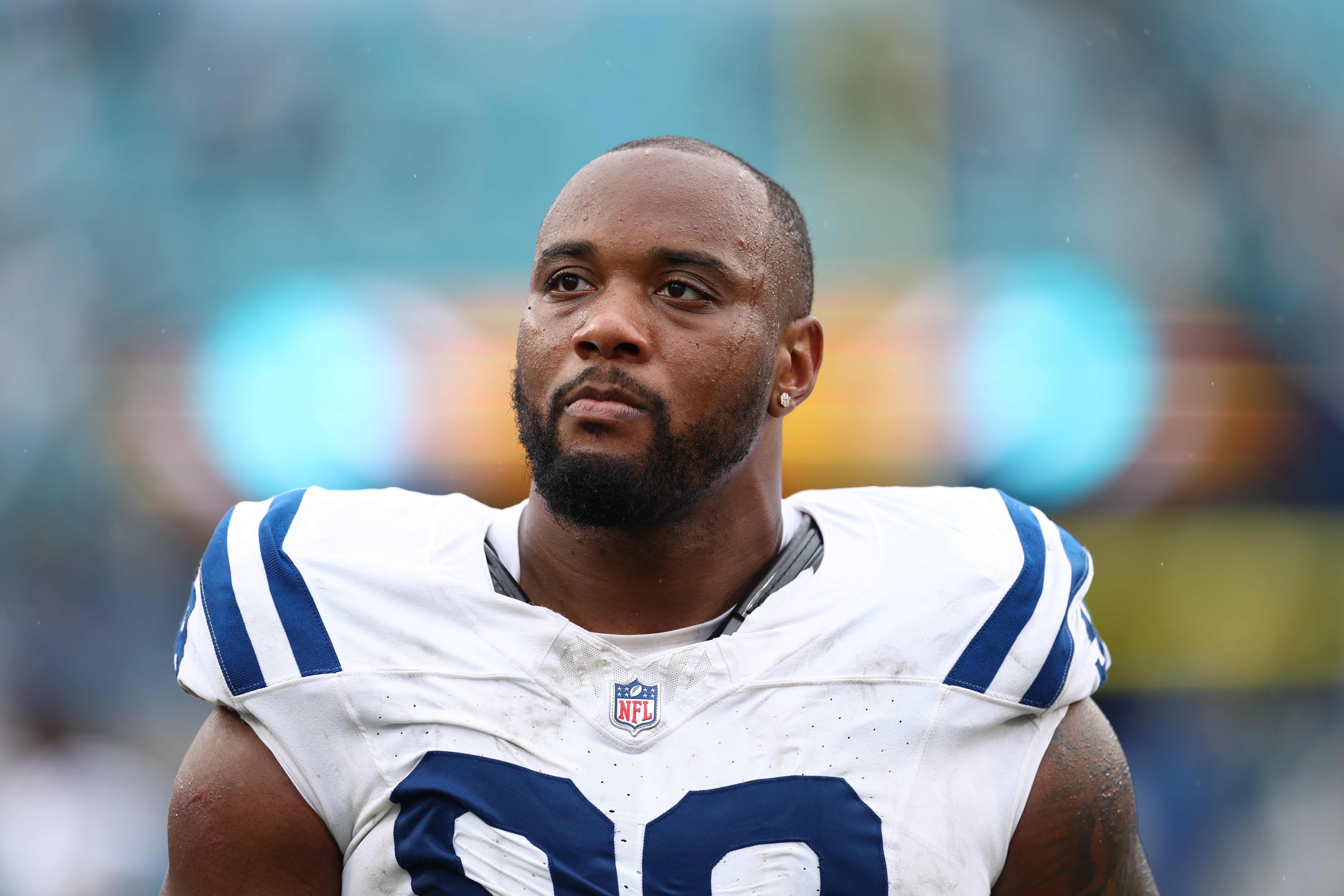 Oct 6, 2024; Jacksonville, Florida, USA; Indianapolis Colts defensive tackle Raekwon Davis (98) looks on after a game against the Jacksonville Jaguars at EverBank Stadium.