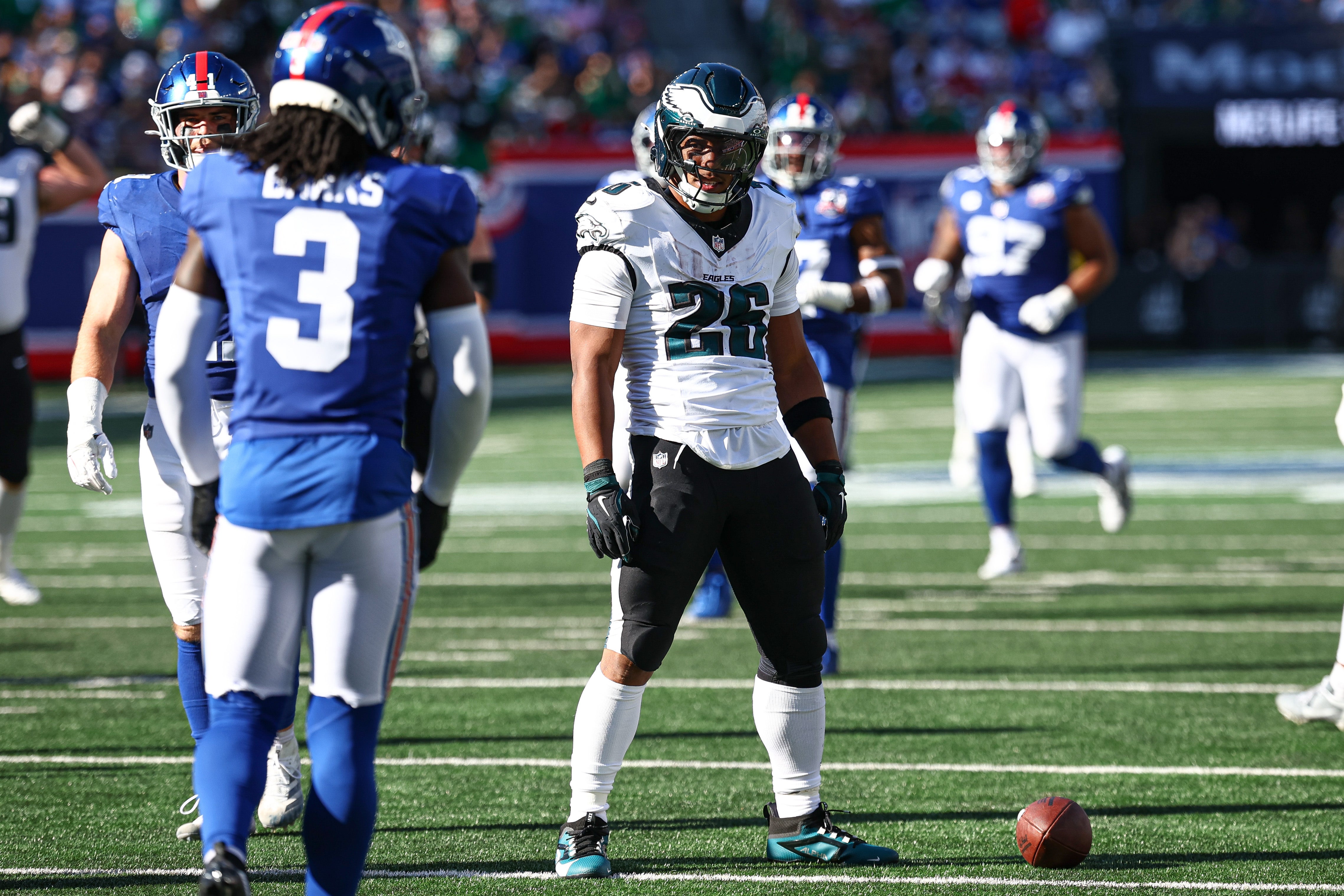 Oct 20, 2024; East Rutherford, New Jersey, USA; Philadelphia Eagles running back Saquon Barkley (26) reacts after a long run during the second half against the New York Giants at MetLife Stadium.