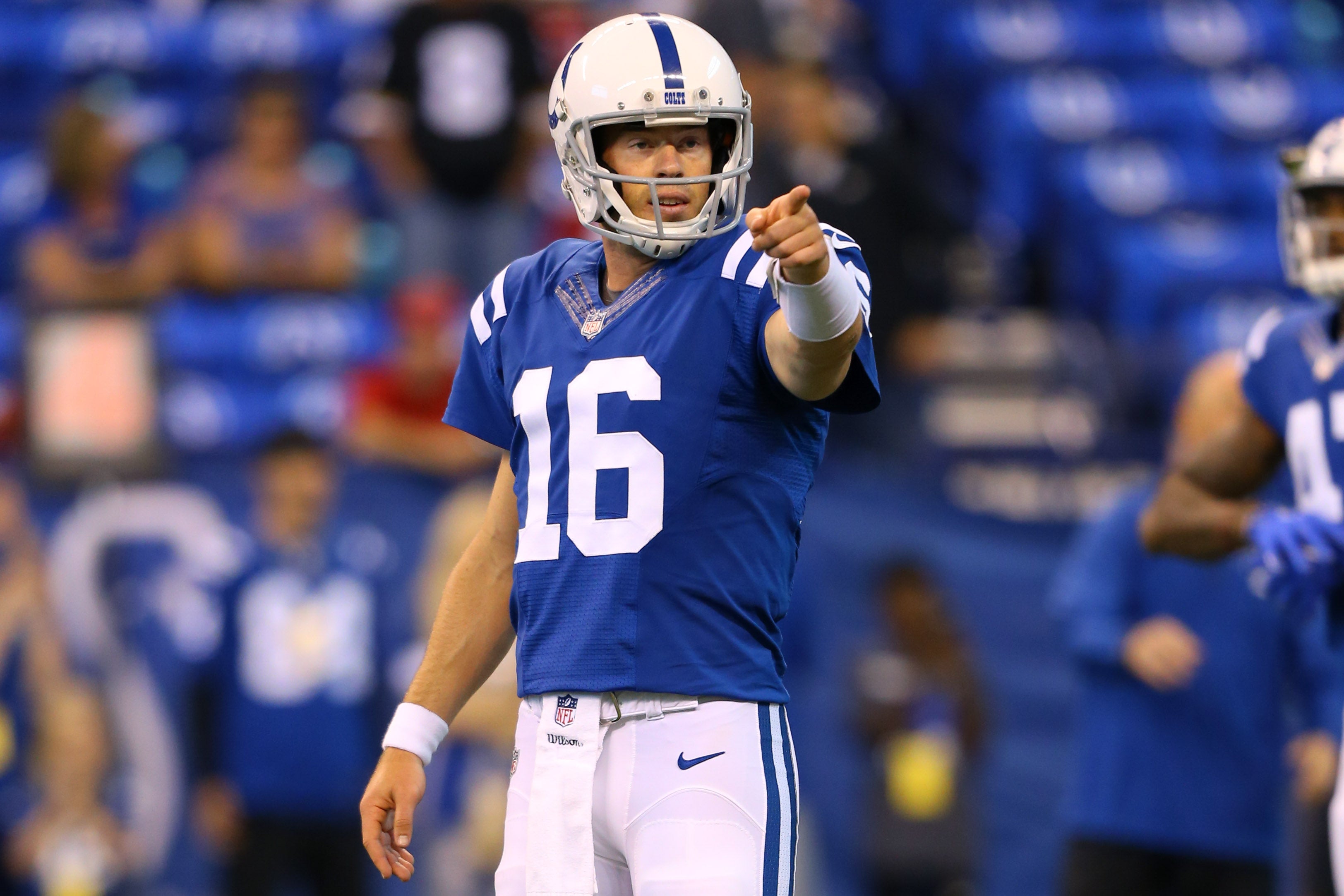 Sep 17, 2017; Indianapolis, IN, USA; Indianapolis Colts quarterback Scott Tolzien (16) against the Arizona Cardinals at Lucas Oil Stadium.