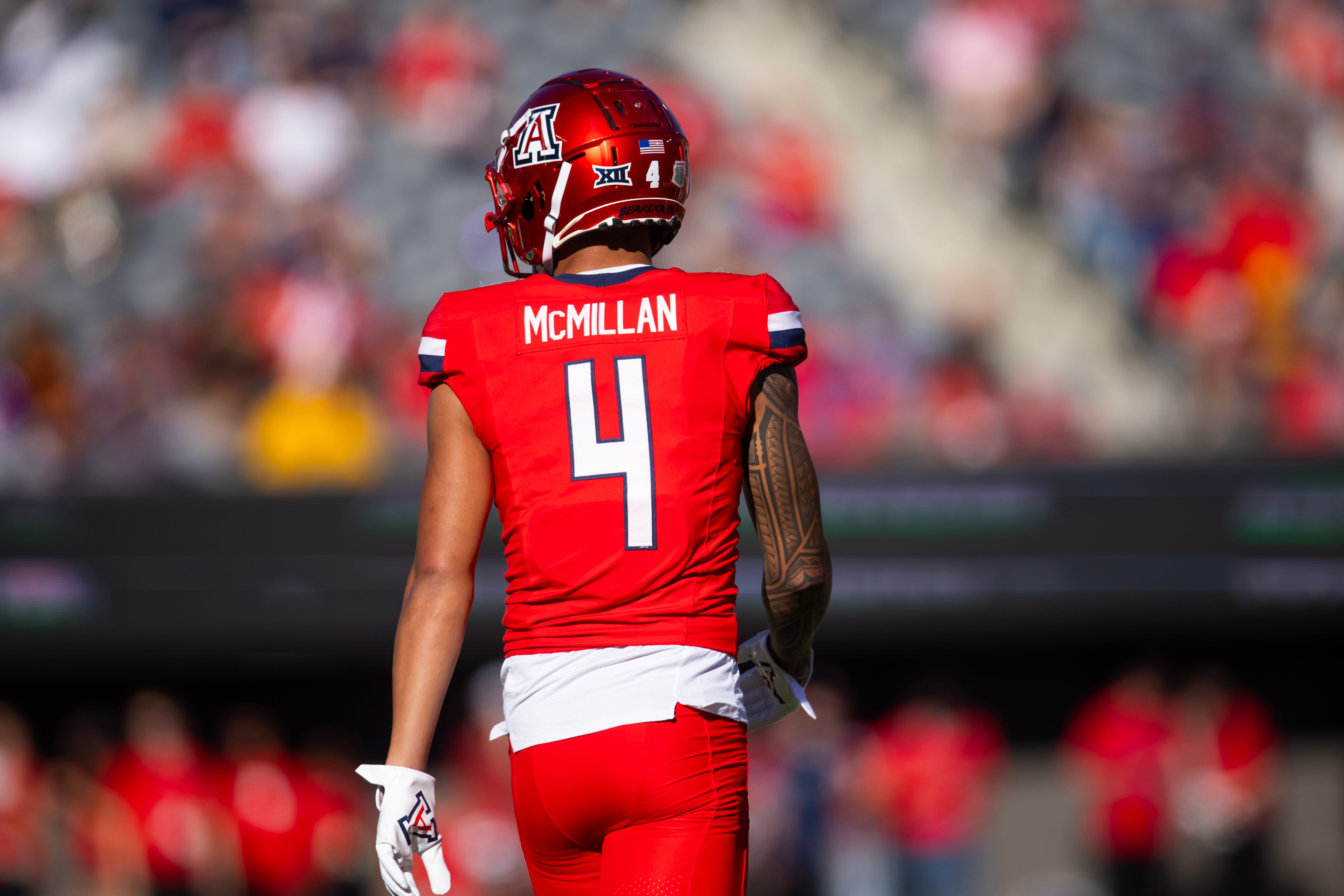 Nov 30, 2024; Tucson, Arizona, USA; Detailed view of the jersey of Arizona Wildcats wide receiver Tetairoa McMillan (4) against the Arizona State Sun Devils during the Territorial Cup at Arizona Stadium.
