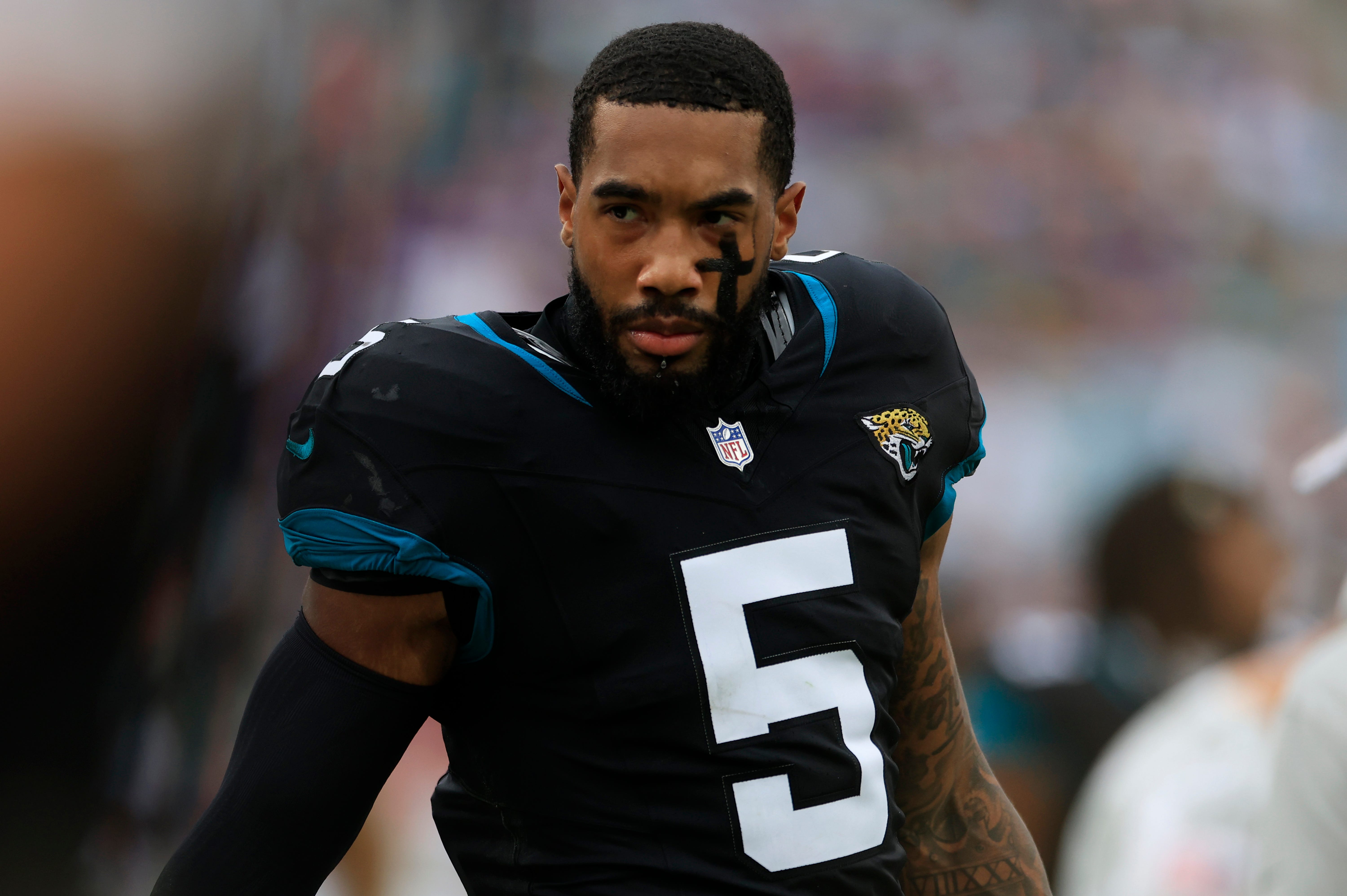 Jacksonville Jaguars safety Andre Cisco (5) looks on during the third quarter of an NFL football matchup Sunday, Nov. 10, 2024 at Everbank Stadium in Jacksonville, Fla. The Vikings defeated the Jaguars 12-7.
