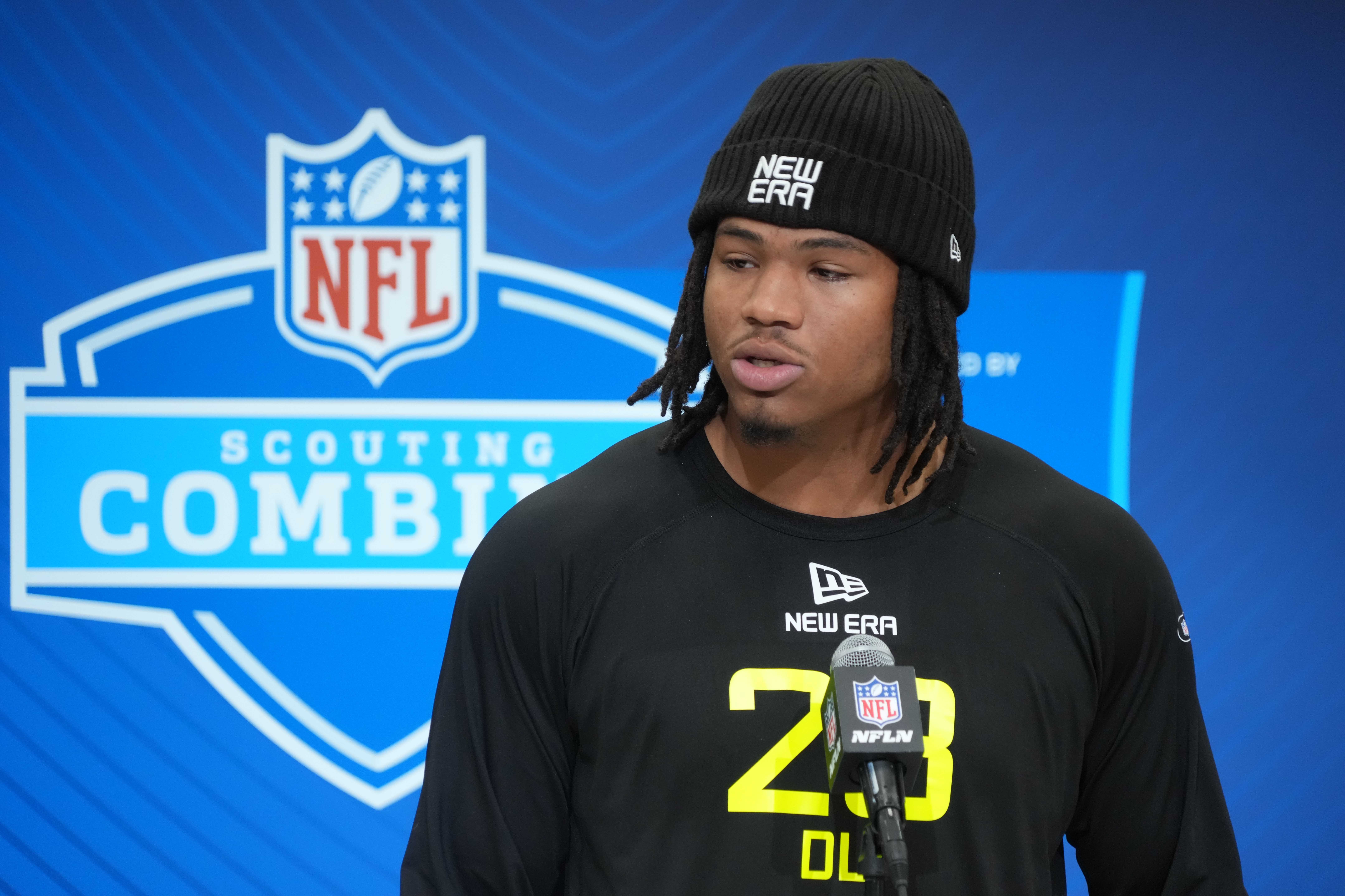 Feb 26, 2025; Indianapolis, IN, USA; Mississippi defensive lineman Walter Nolen (DL23) during the 2025 NFL Scouting Combine at the Indiana Convention Center.