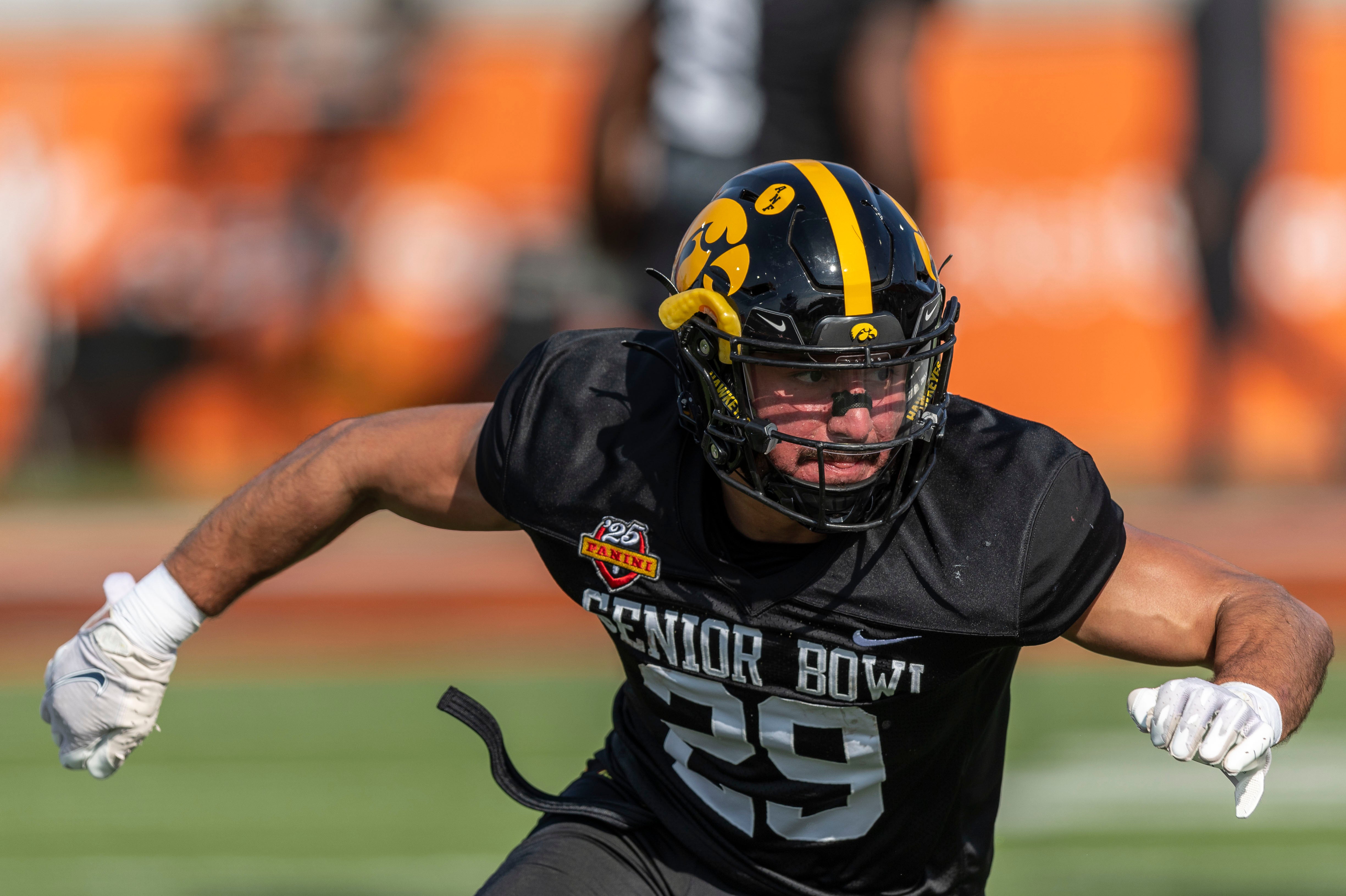 Jan 29, 2025; Mobile, AL, USA; National team defensive back Sebastian Castro of Iowa (29) does a defensive drill during Senior Bowl practice for the National team at Hancock Whitney Stadium.