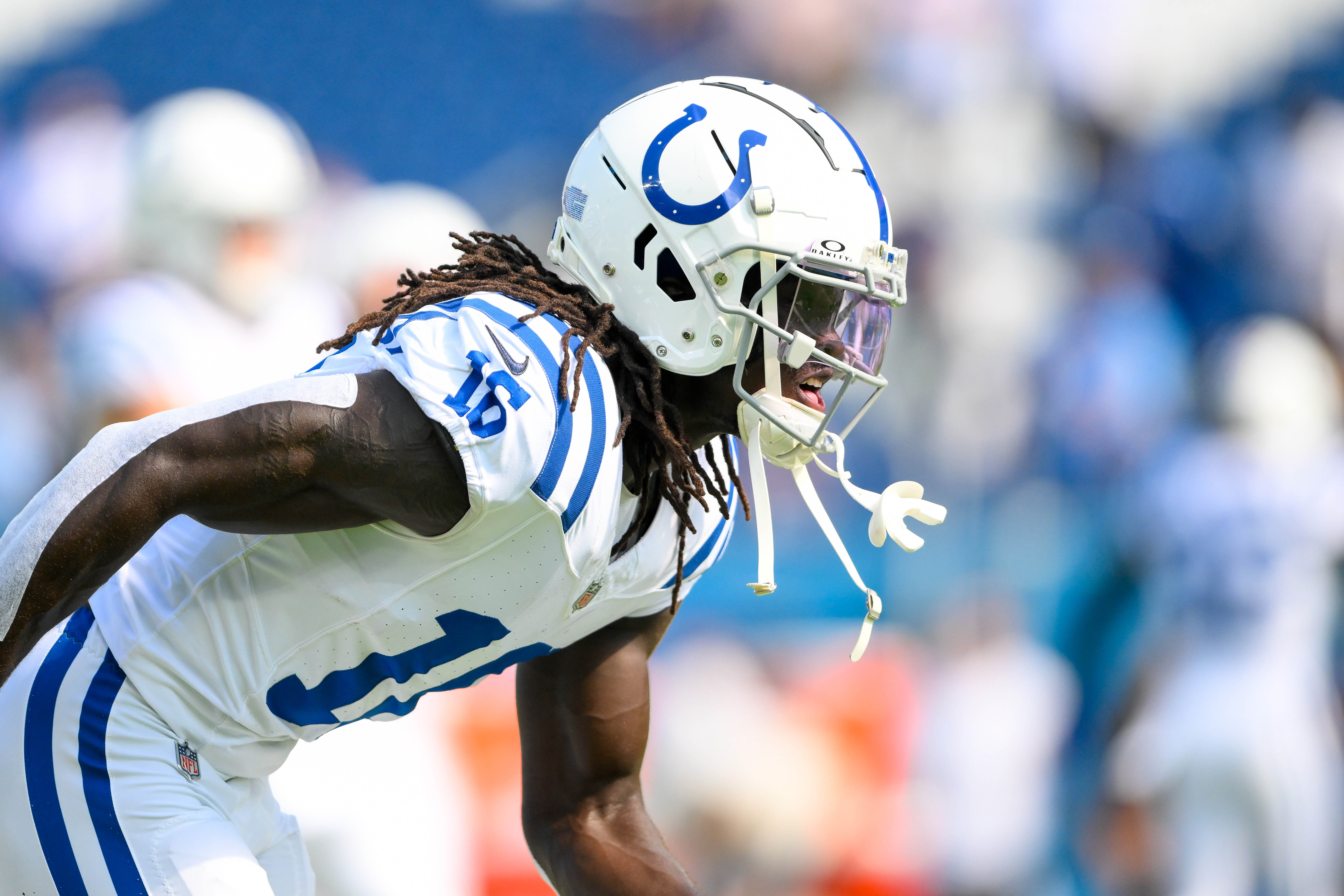 Oct 13, 2024; Nashville, Tennessee, USA; Indianapolis Colts wide receiver Ashton Dulin (16) during pregame warmups against the Tennessee Titans at Nissan Stadium.