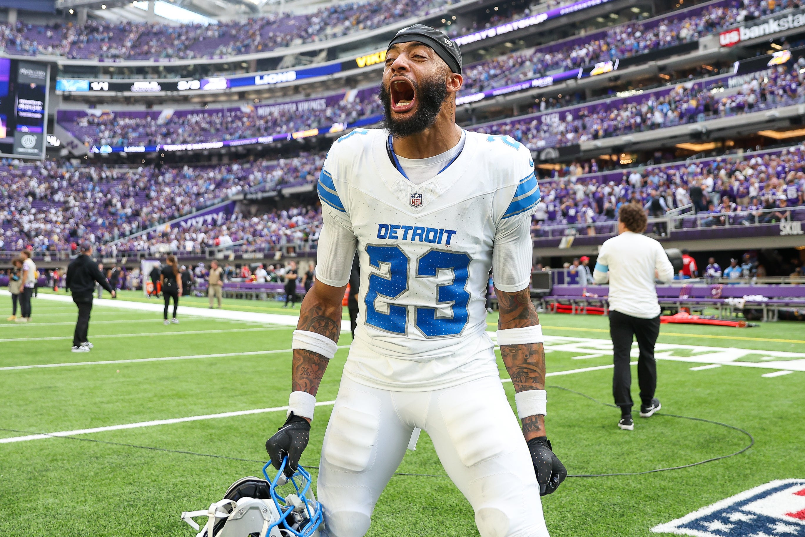 Oct 20, 2024; Minneapolis, Minnesota, USA; Detroit Lions cornerback Carlton Davis III (23) celebrates his teams win after the game against the Minnesota Vikings at U.S. Bank Stadium.
