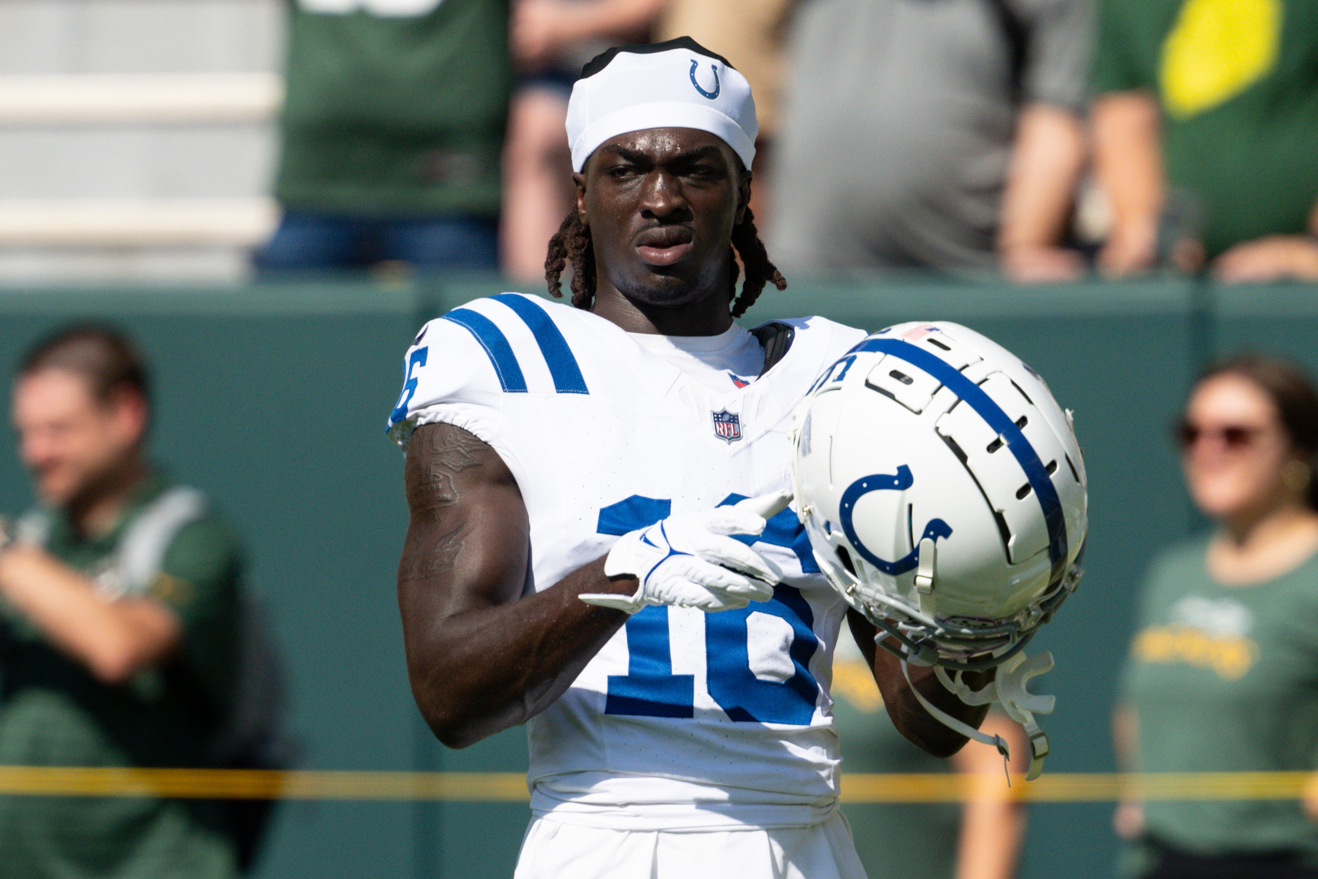 Sep 15, 2024; Green Bay, Wisconsin, USA; Indianapolis Colts wide receiver Ashton Dulin (16) looks on during warmups prior to the game against the Green Bay Packers at Lambeau Field.