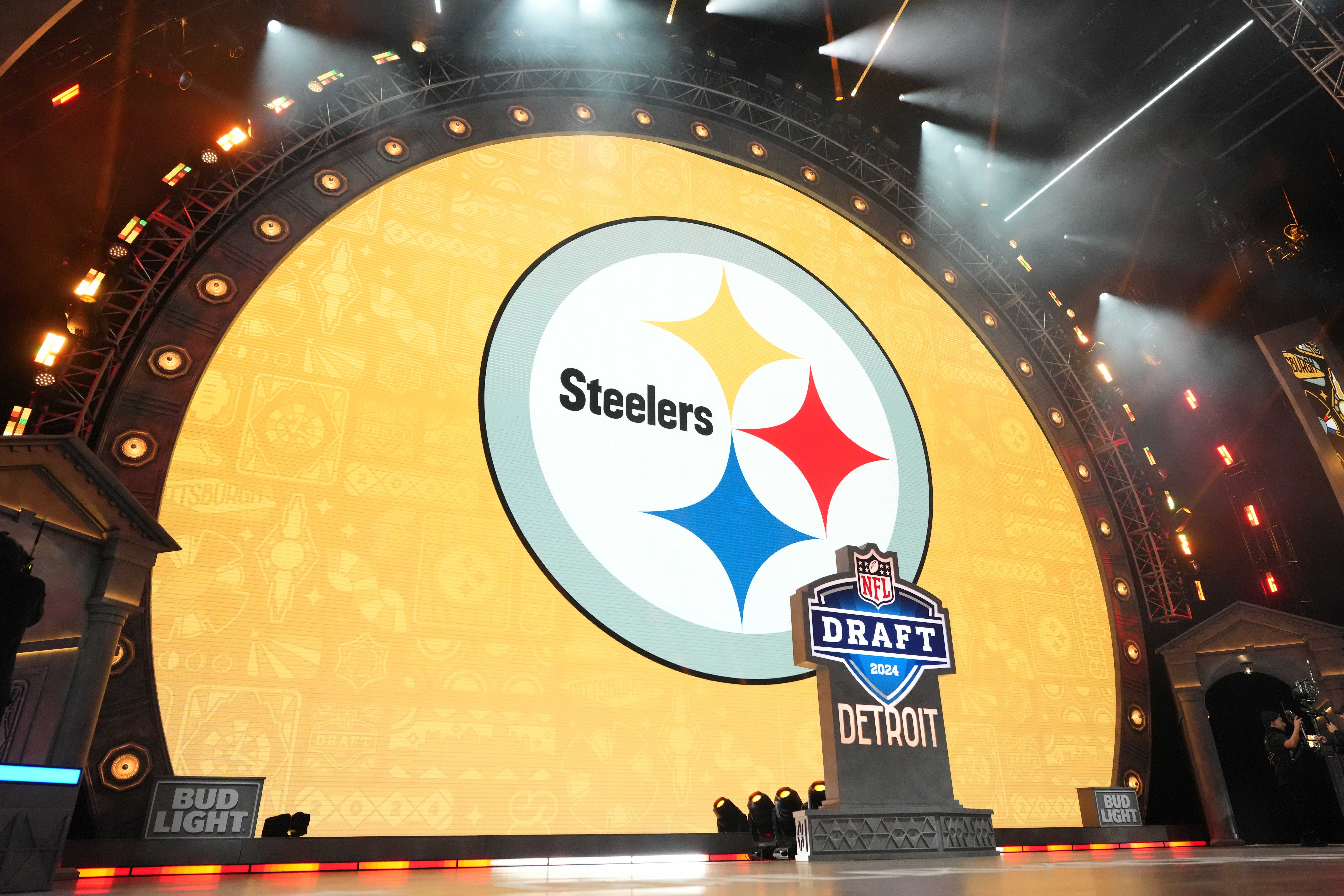 Apr 25, 2024; Detroit, MI, USA; A Pittsburgh Steelers logo during the 2024 NFL Draft at Campus Martius Park and Hart Plaza.