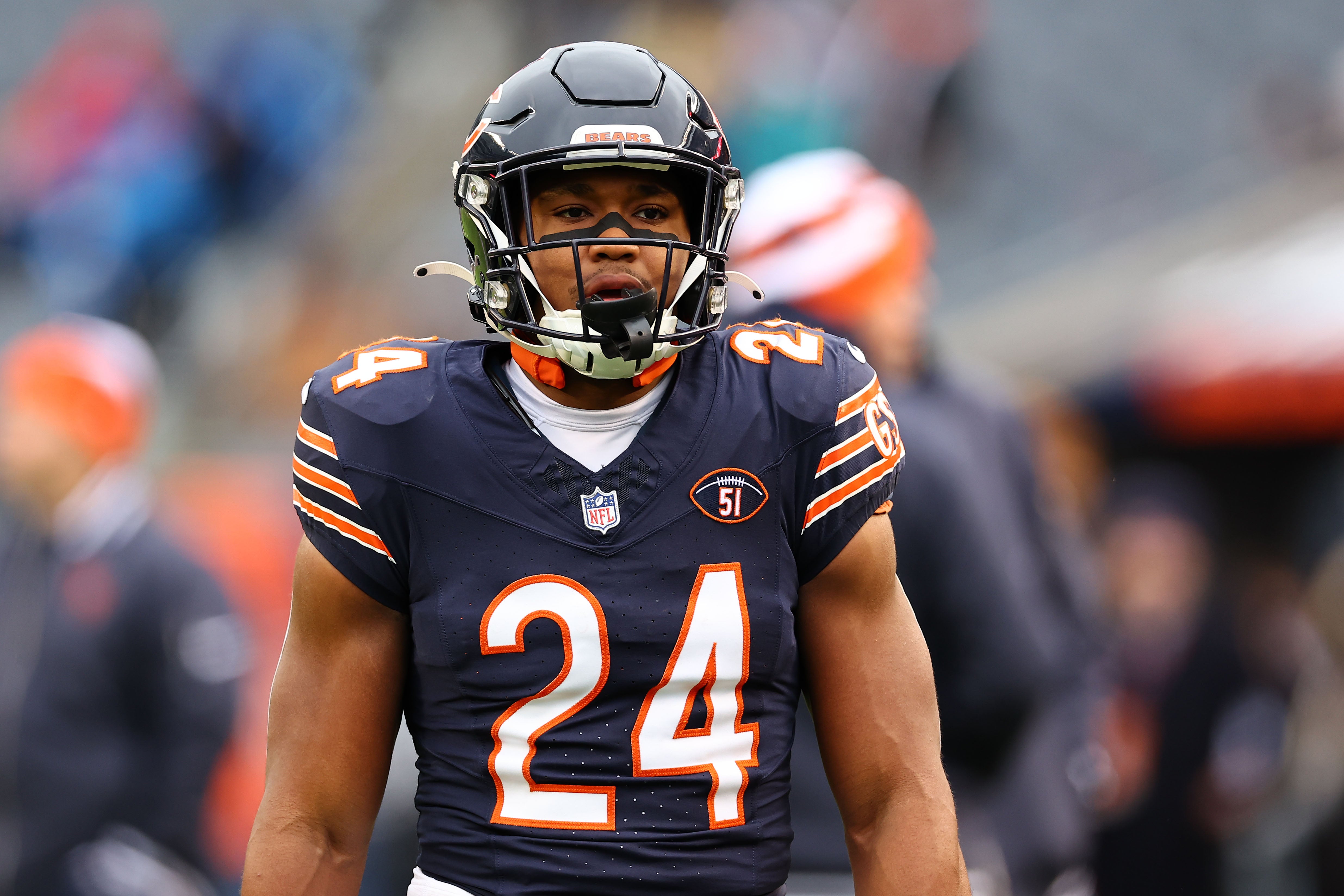 Dec 10, 2023; Chicago, Illinois, USA; Chicago Bears running back Khalil Herbert (24) practices before the game against the Detroit Lions at Soldier Field.