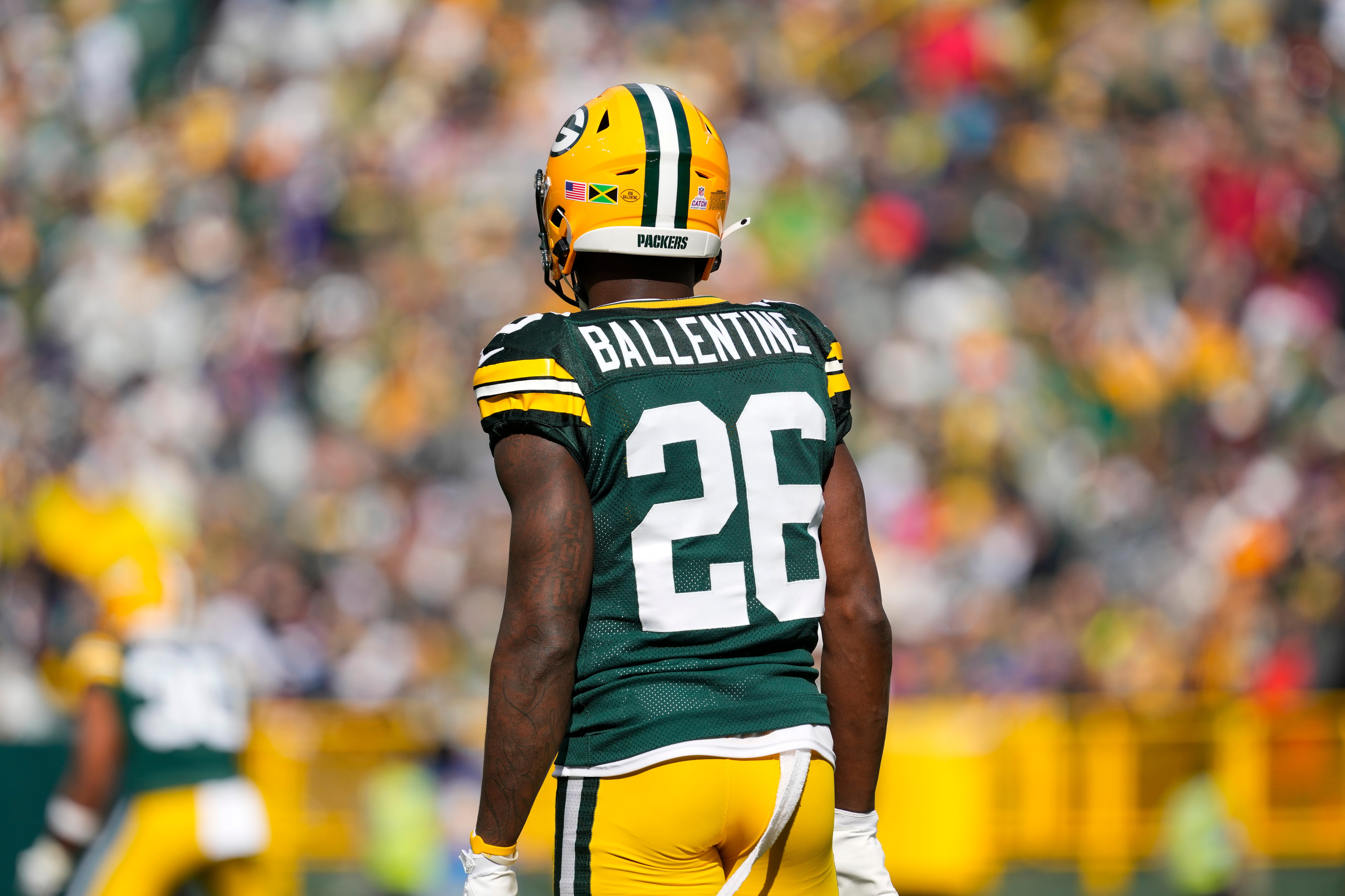 Oct 13, 2024; Green Bay, Wisconsin, USA; Green Bay Packers cornerback Corey Ballentine (26) during the game against the Arizona Cardinals at Lambeau Field.