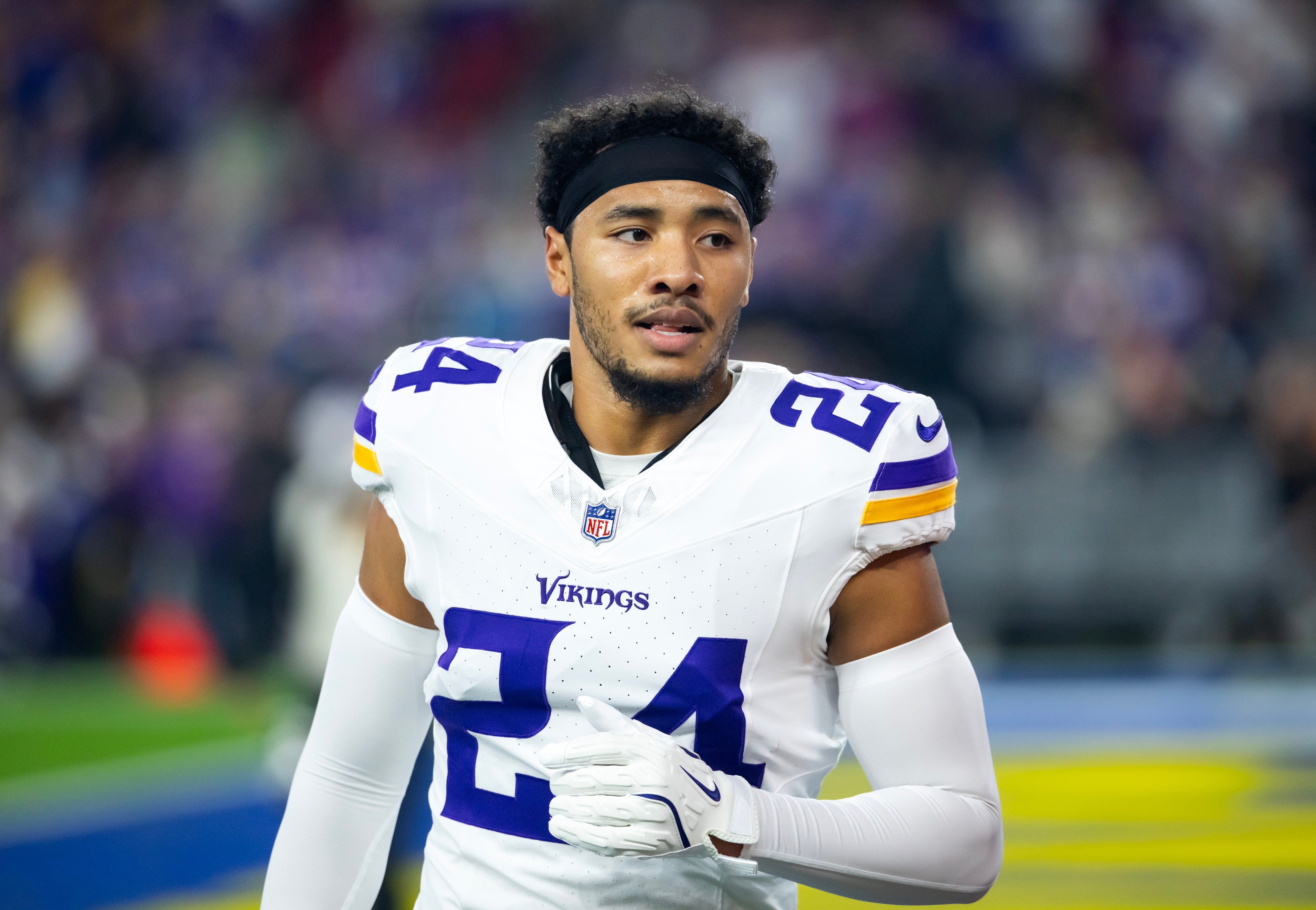 Jan 13, 2025; Glendale, AZ, USA; Minnesota Vikings safety Camryn Bynum (24) against the Los Angeles Rams during an NFC wild card game at State Farm Stadium.
