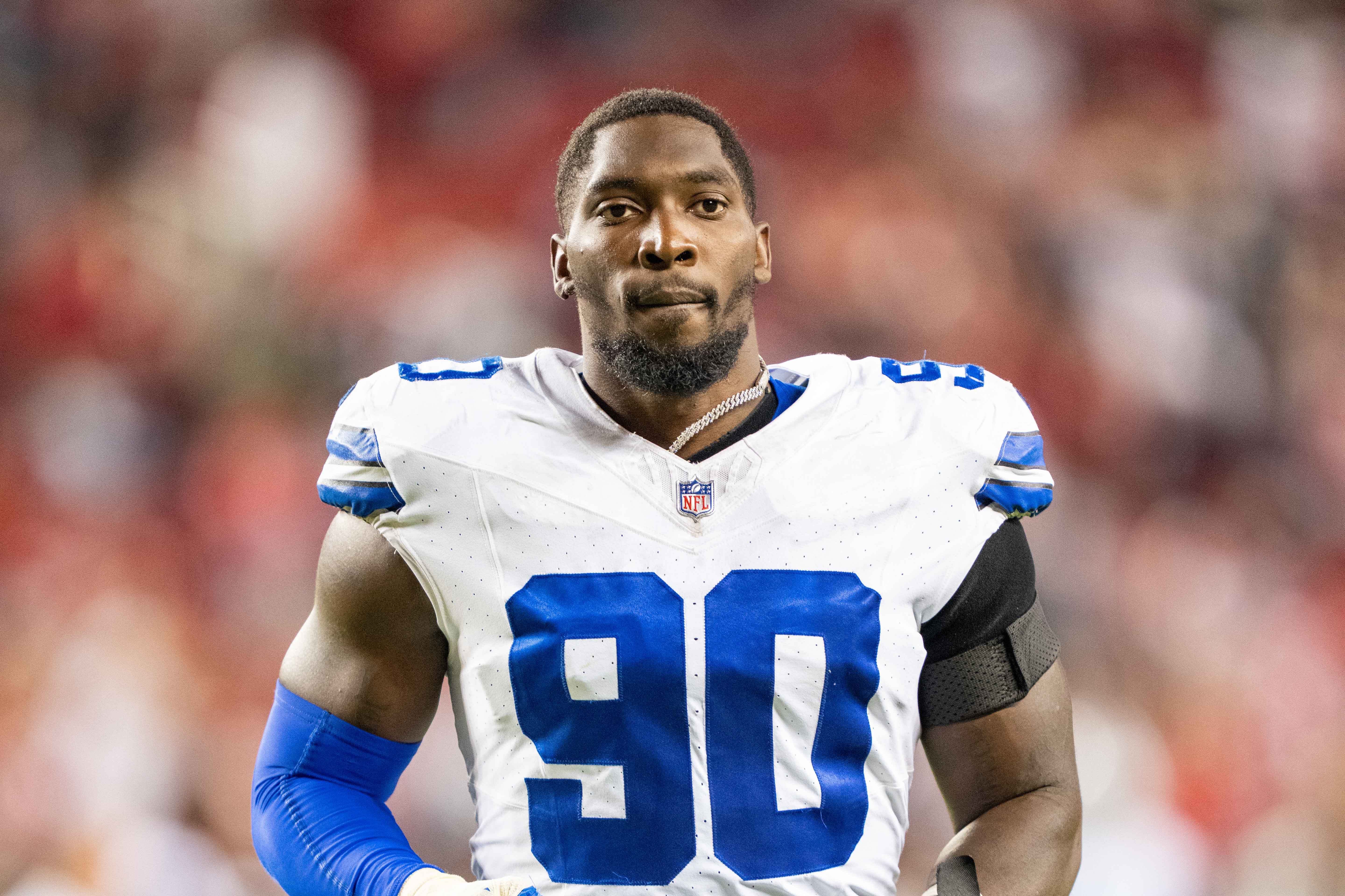October 8, 2023; Santa Clara, California, USA; Dallas Cowboys defensive end DeMarcus Lawrence (90) after the game against the San Francisco 49ers at Levi's Stadium.