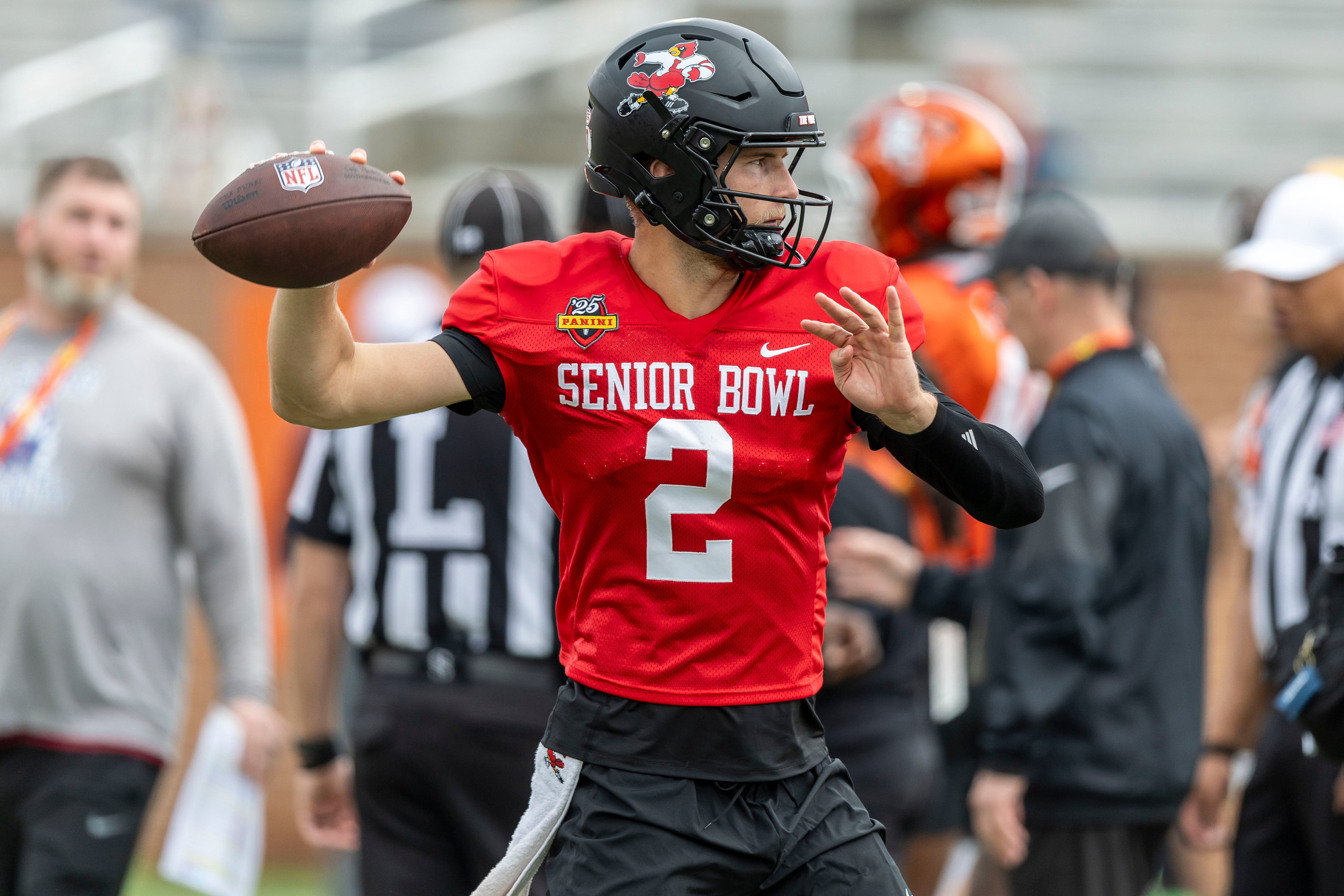 National team quarterback Tyler Shough of Louisville (2) works through drills during Senior Bowl practice for the National team at Hancock Whitney Stadium.