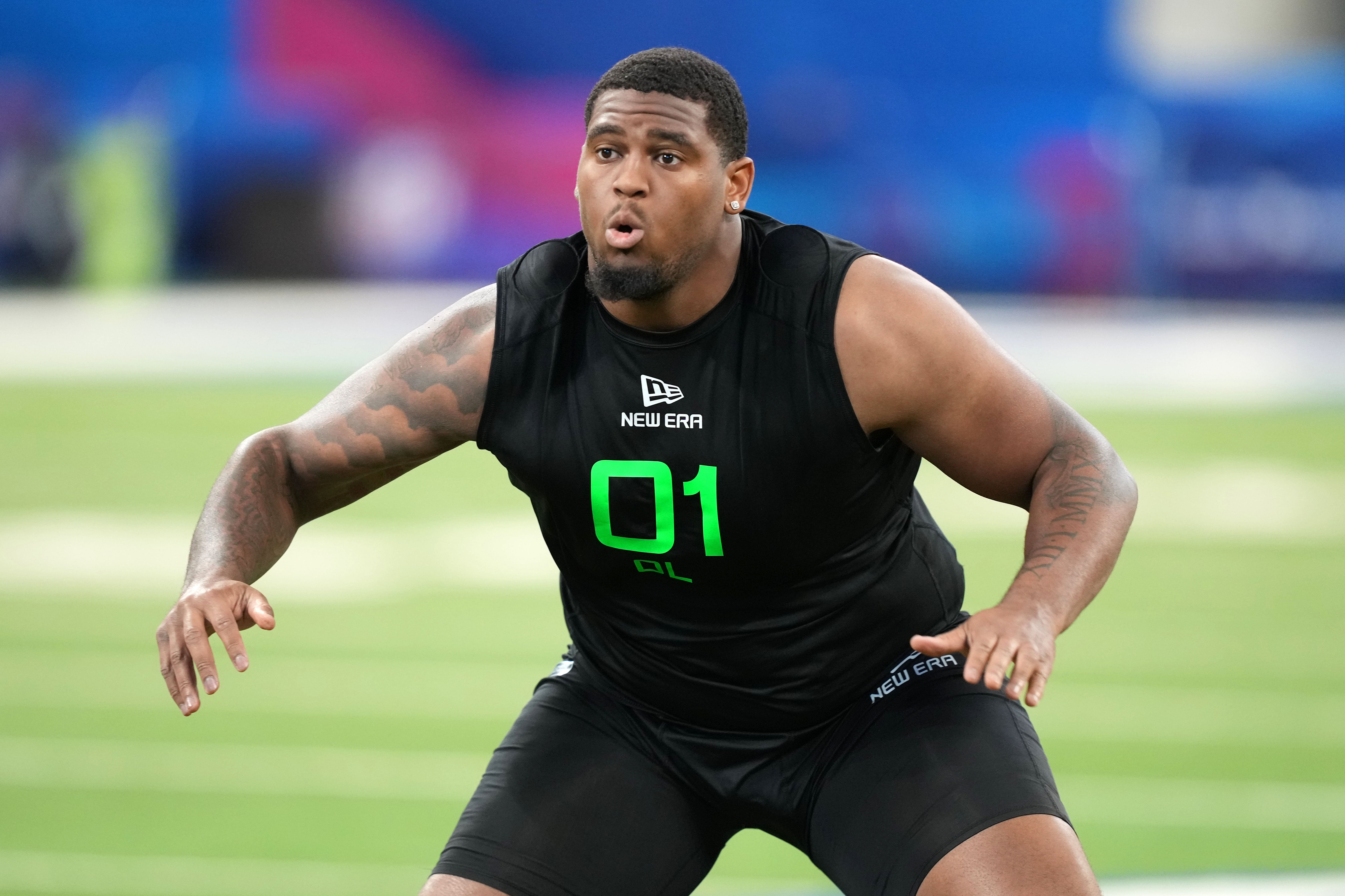 Mar 2, 2025; Indianapolis, IN, USA; Texas offensive lineman Kelvin Banks (OL01) during the 2025 NFL Combine at Lucas Oil Stadium.