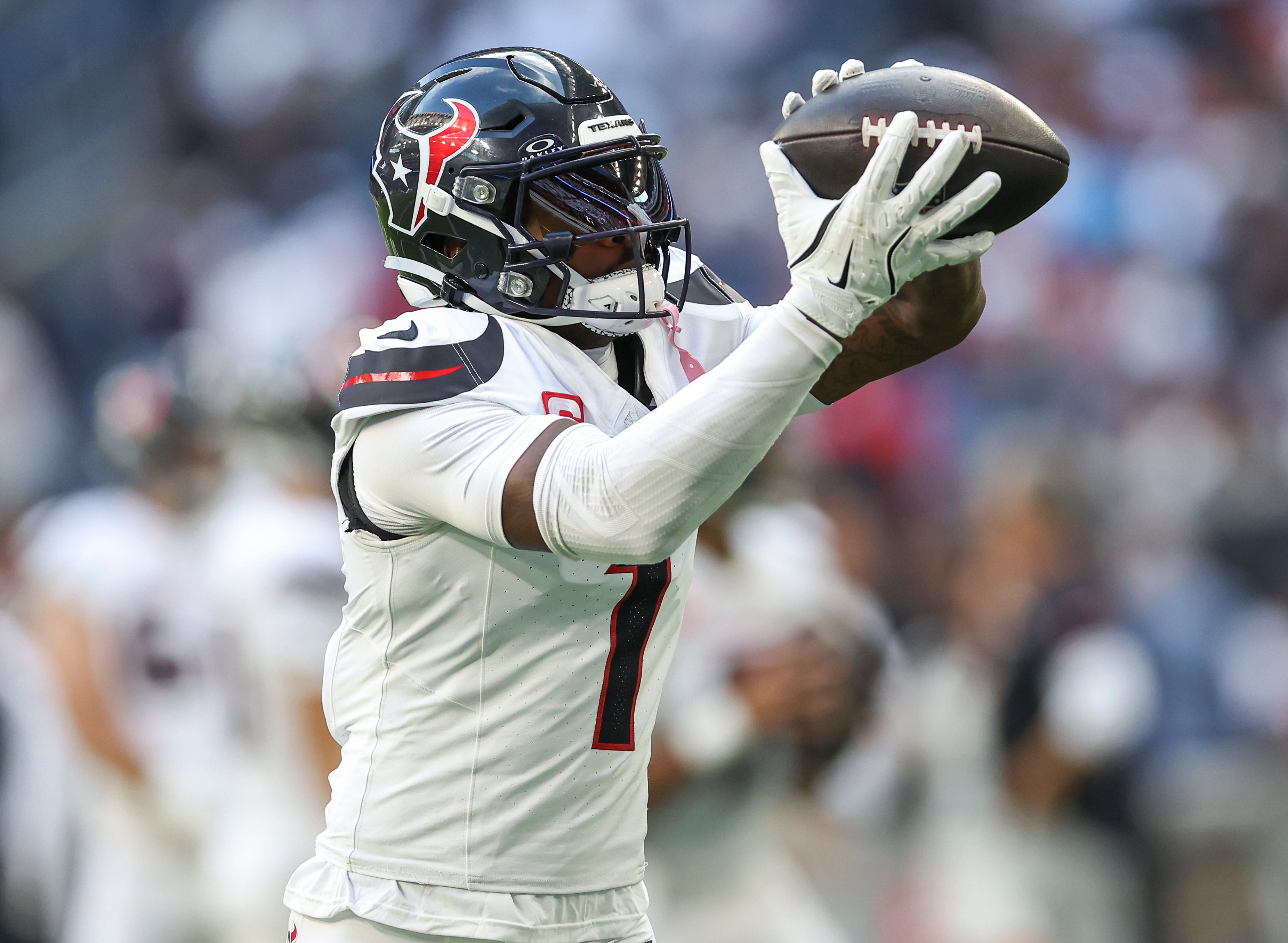 Sep 15, 2024; Houston, Texas, USA; Houston Texans wide receiver Stefon Diggs (1) before the game against the Chicago Bears at NRG Stadium.