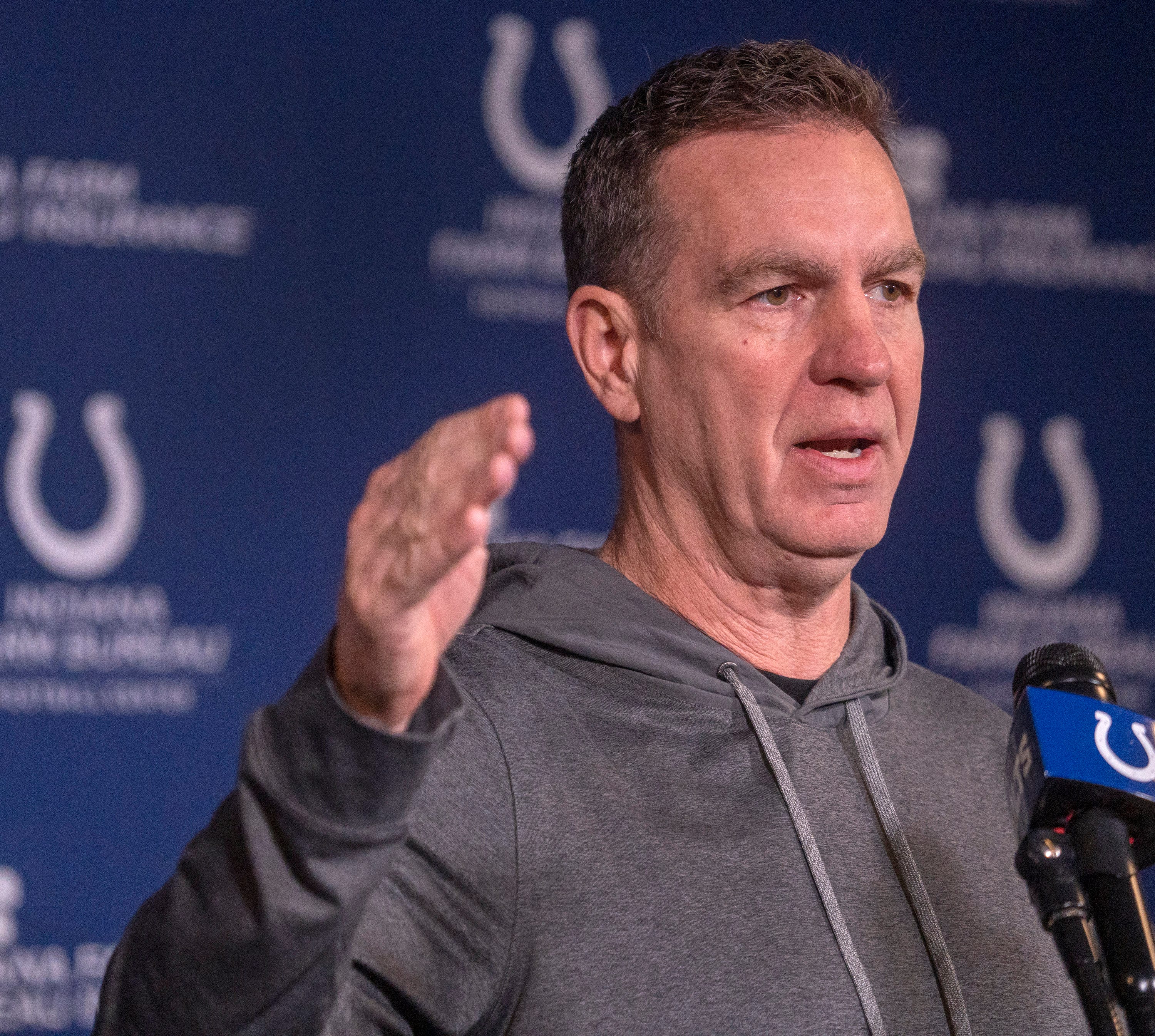 New Indianapolis Colts Defensive Coordinator Lou Anarumo speaks during a press conference Thursday, Jan. 23, 2025 at the Colts practice facility, the Indiana Farm Bureau Football Center.