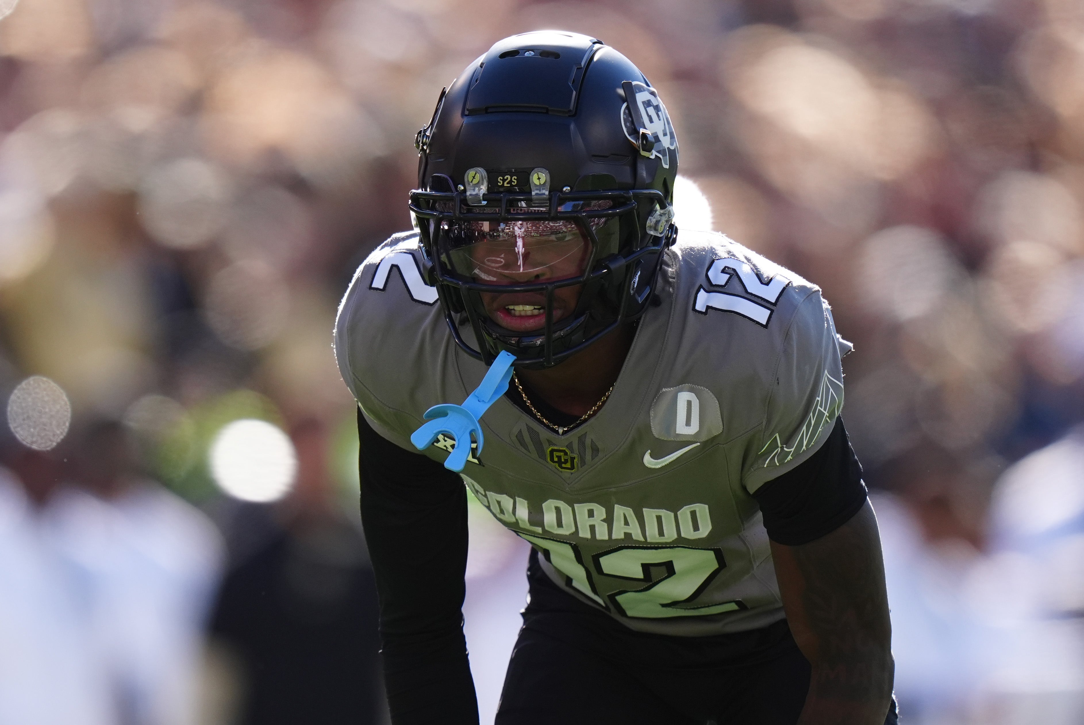 Nov 16, 2024; Boulder, Colorado, USA; Colorado Buffaloes defensive back Travis Hunter (12) looks on during the first quarter against the Utah Utes at Folsom Field.
