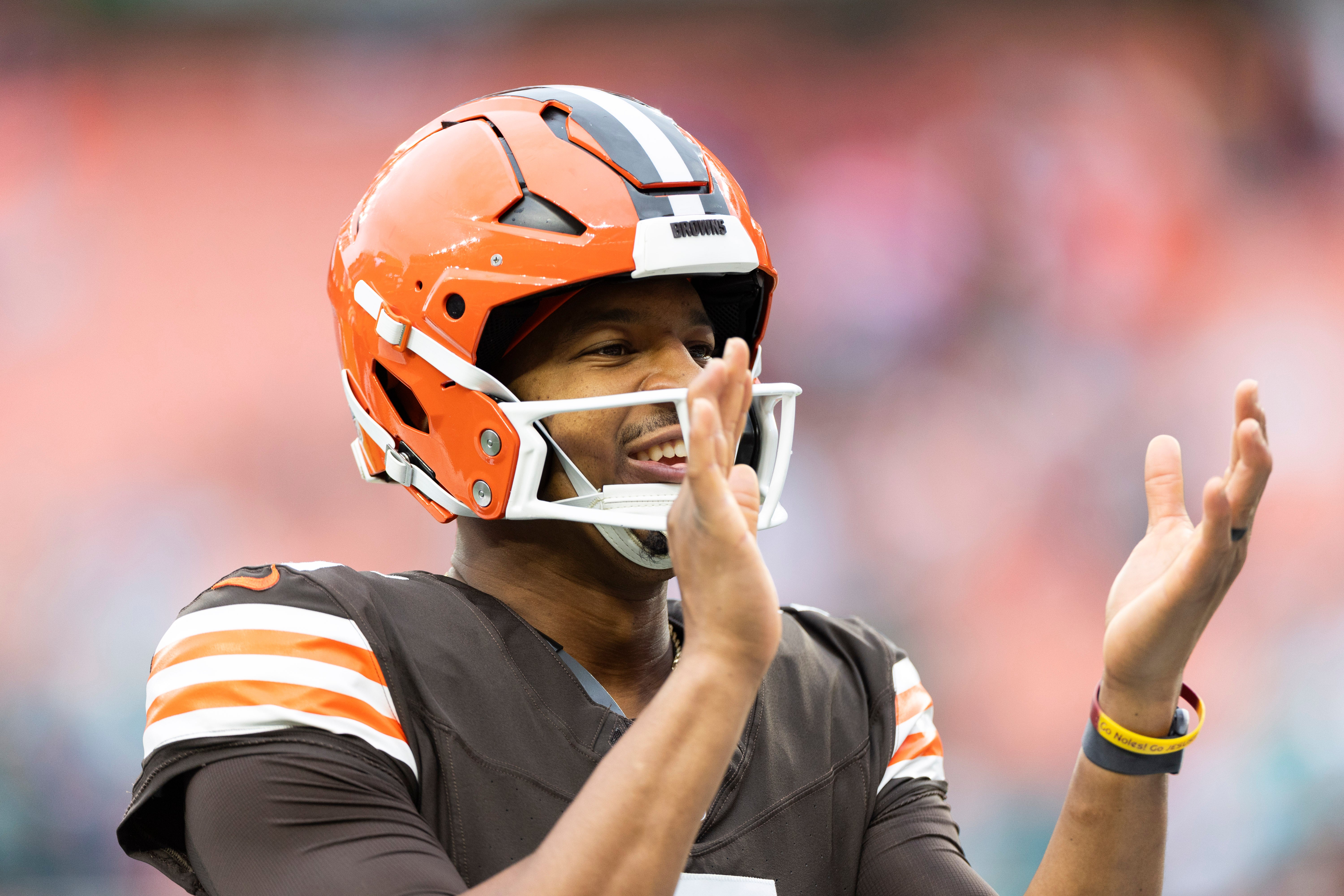 Dec 29, 2024; Cleveland, Ohio, USA; Cleveland Browns quarterback Jameis Winston (5) claps as they take the field for warm ups before the game against the Miami Dolphins at Huntington Bank Field.