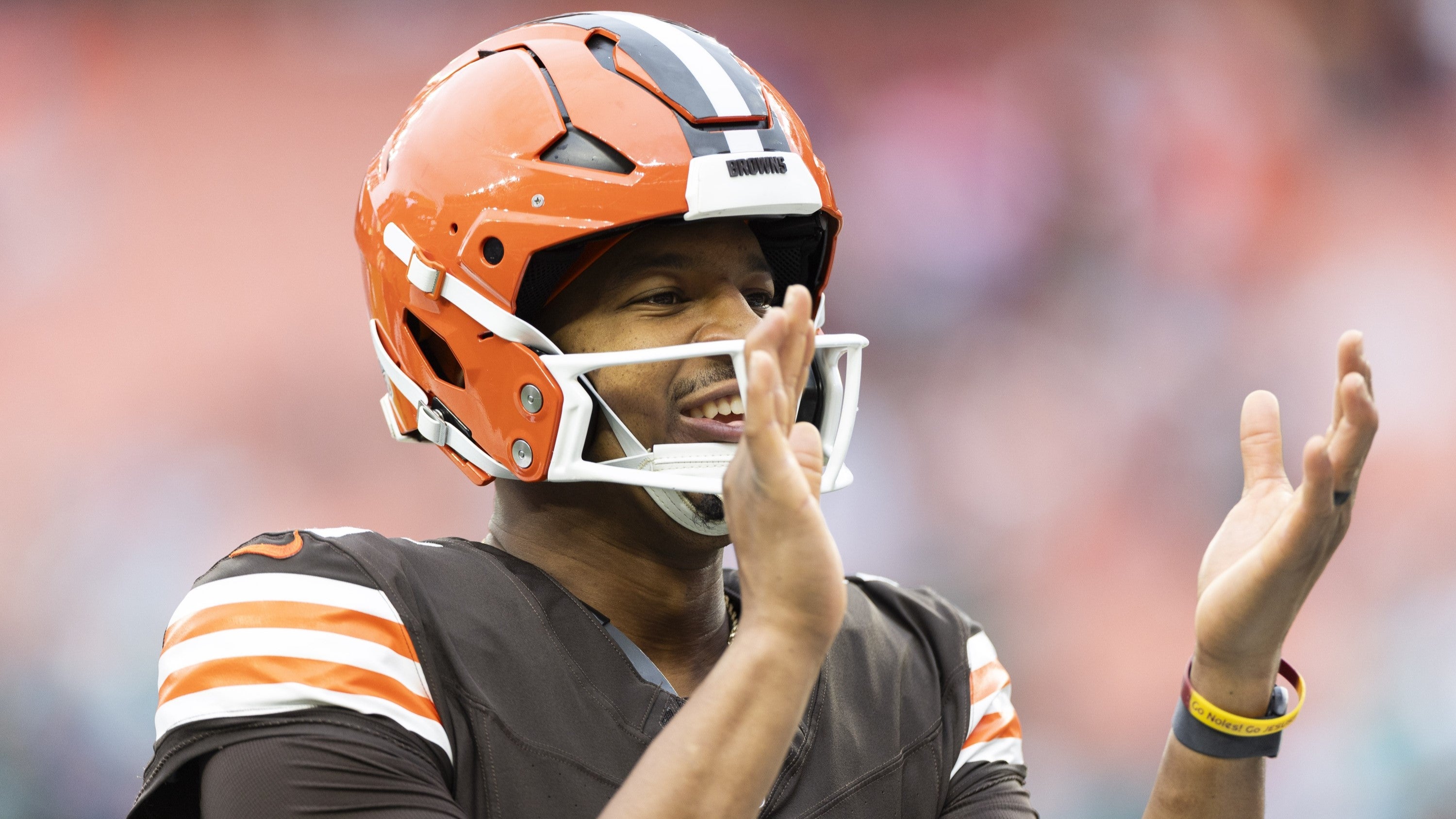 Cleveland Browns quarterback Jameis Winston (5) claps as they take the field for warm ups before the game against the Miami Dolphins at Huntington Bank Field.