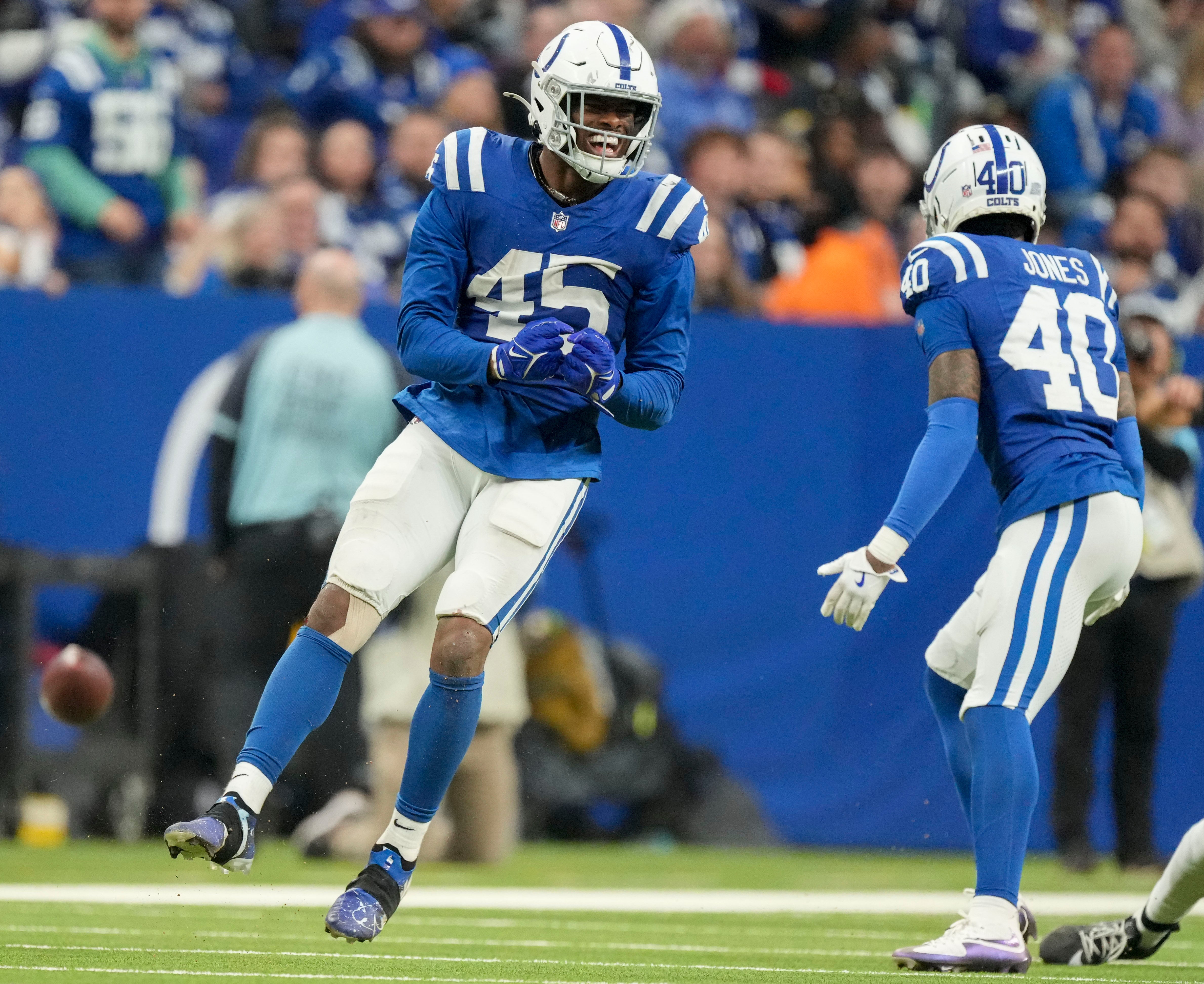 Jan 5, 2025; Indianapolis, Indiana, USA; Indianapolis Colts linebacker E.J. Speed (45) reacts after breaking up a pass and nearly making an interception during a game against the Jacksonville Jaguars at Lucas Oil Stadium.