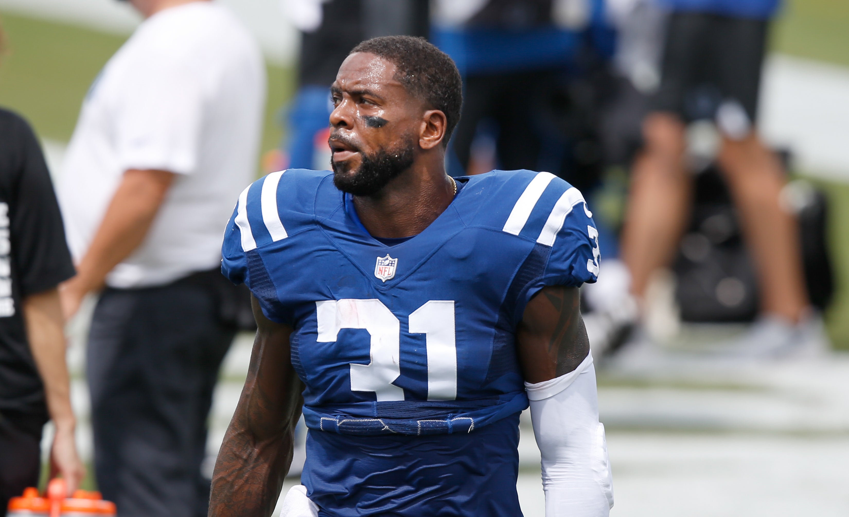 Sep 13, 2020; Jacksonville, Florida, USA; Indianapolis Colts defensive back Tavon Wilson (31) walks on the bench before the first quarter against the Jacksonville Jaguars at TIAA Bank Field.