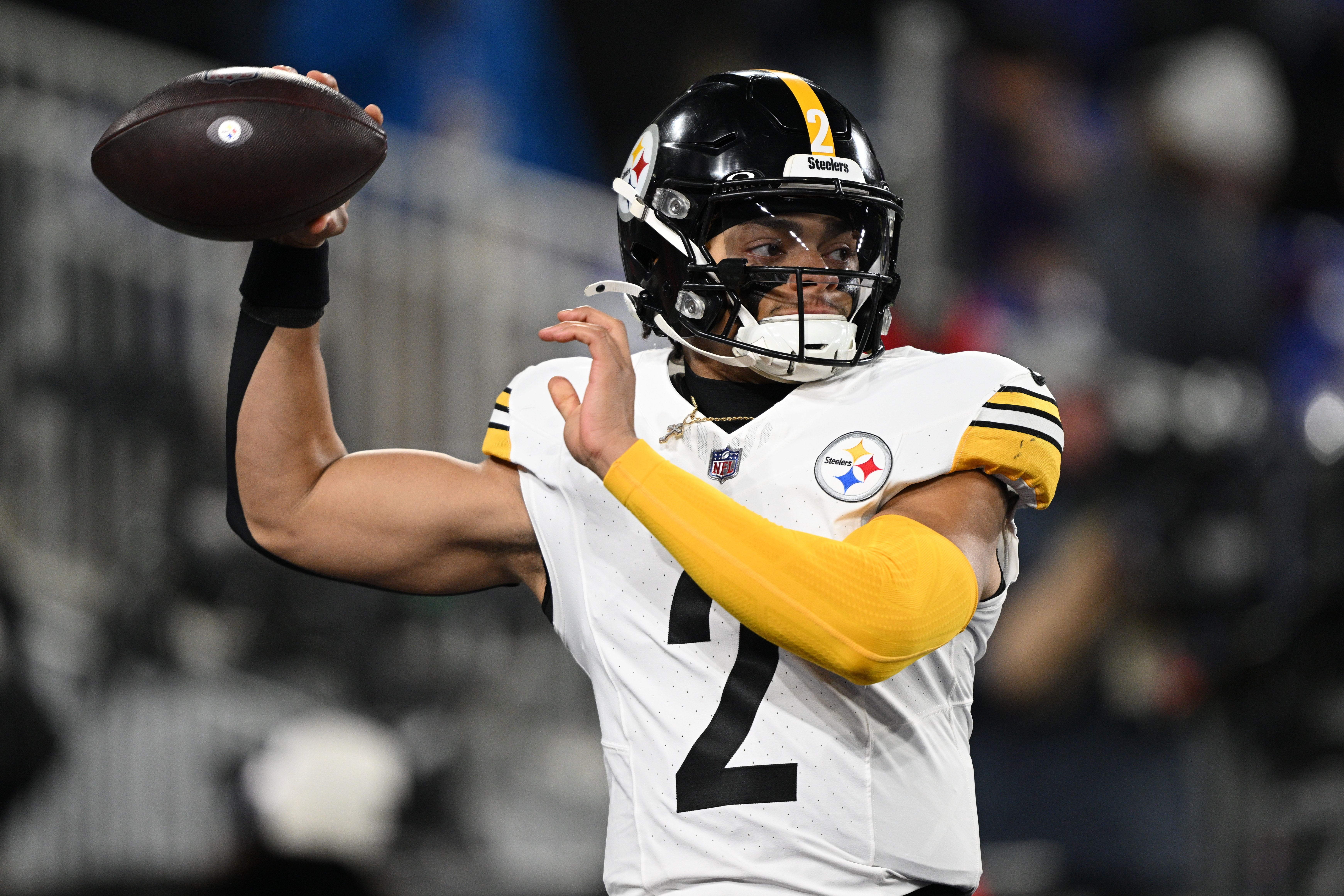 Jan 11, 2025; Baltimore, Maryland, USA; Pittsburgh Steelers quarterback Justin Fields (2) warms up before an AFC wild card game against the Baltimore Ravens at M&T Bank Stadium.