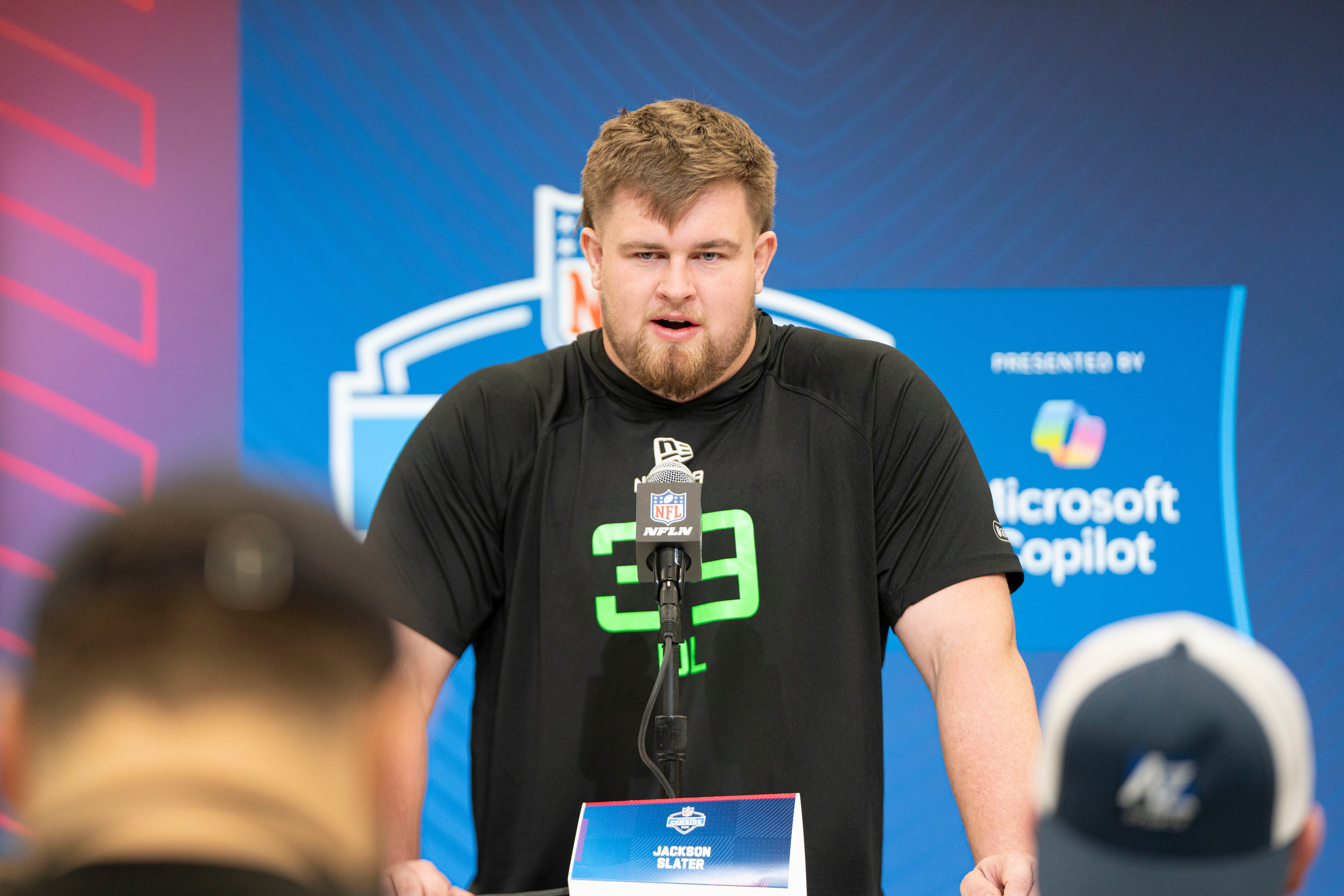 Mar 1, 2025; Indianapolis, IN, USA; California State University-Sacramento offensive lineman Jackson Slater (OL39) answers questions at a press conference during the 2025 NFL Combine at Indiana Convention Center.