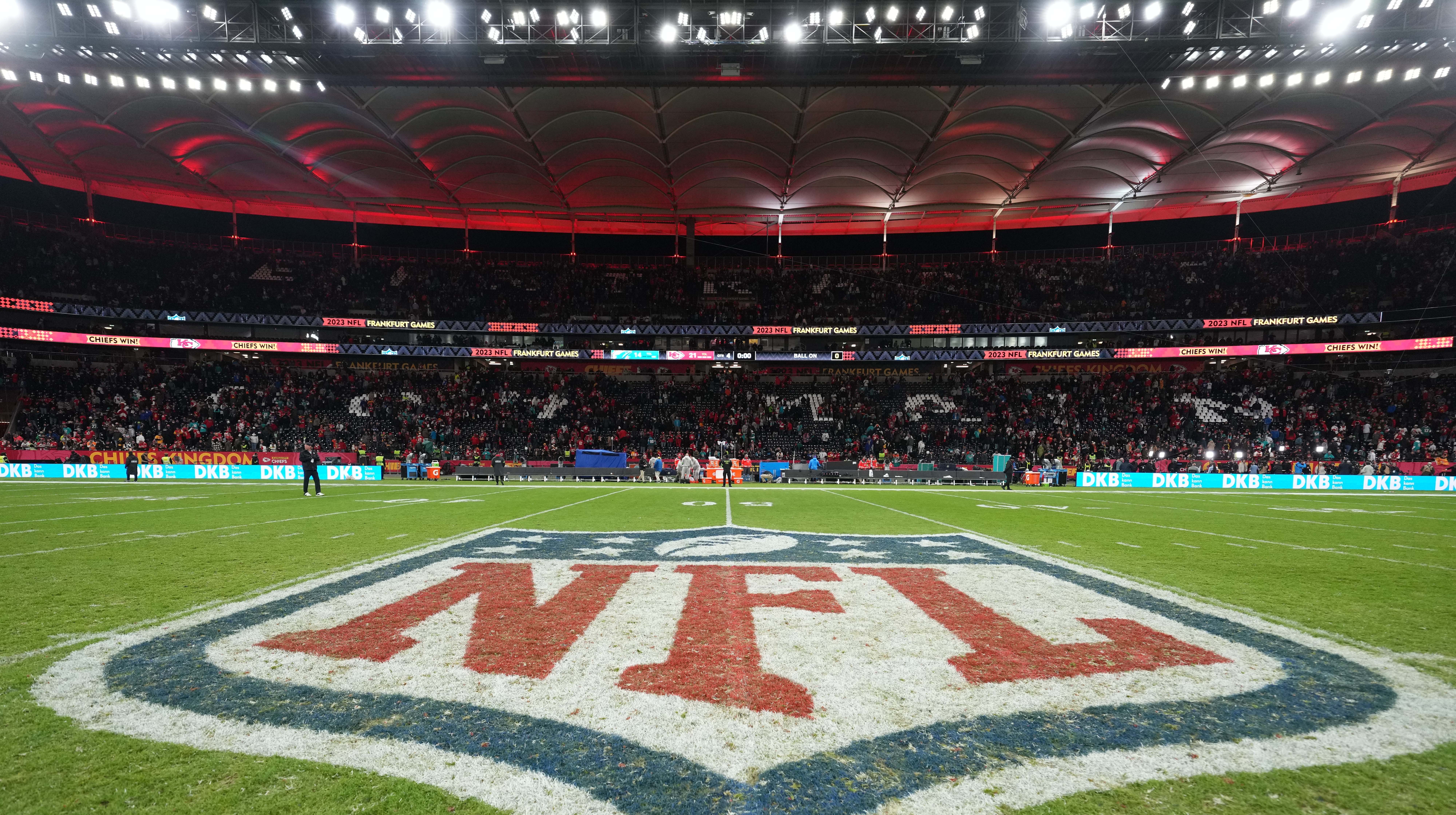 The NFL shield logo at midfield during an NFL International Series game at Deutsche Bank Park.