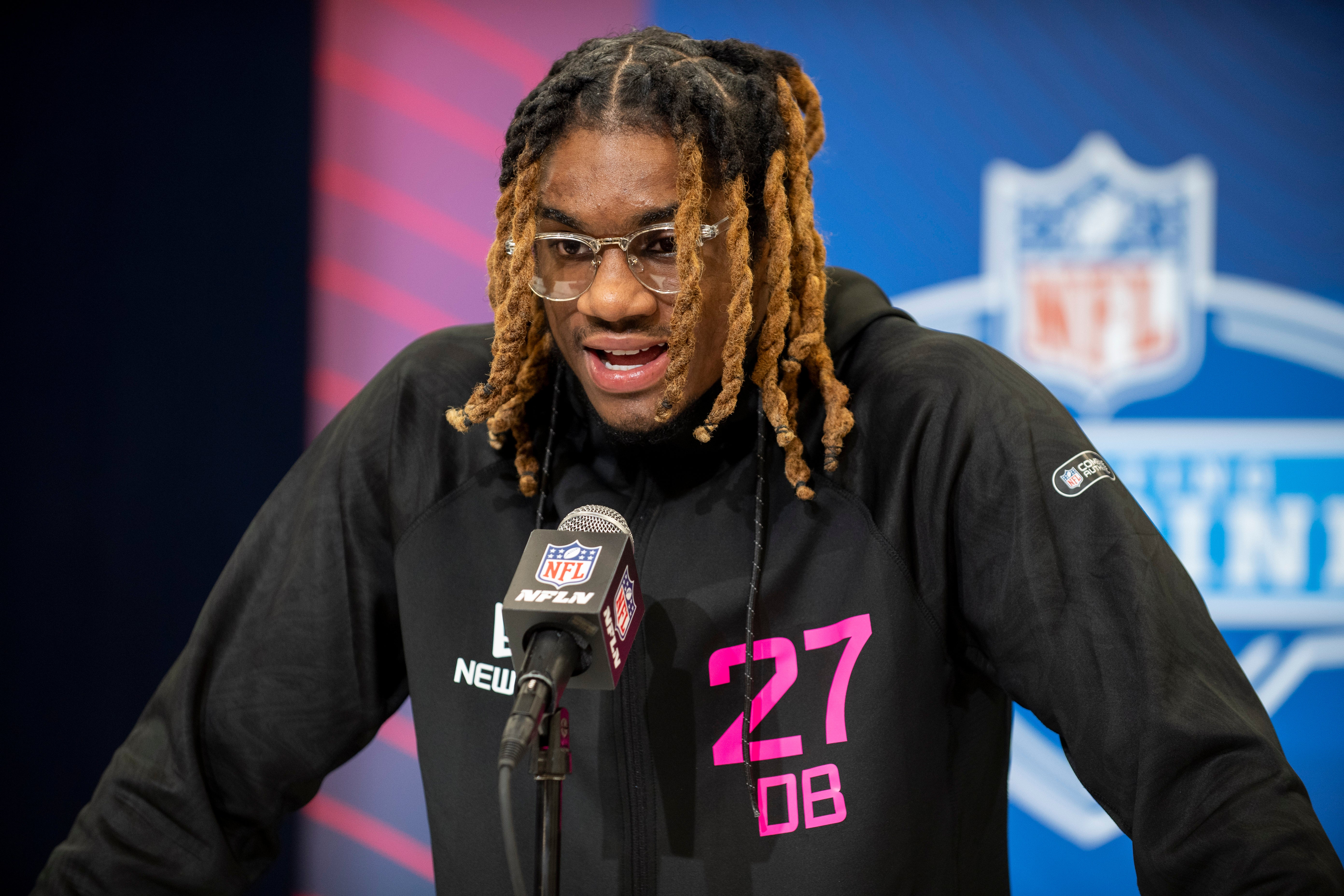 Feb 27, 2025; Indianapolis, IN, USA; East Carolina defensive back Shavon Revel (DB27) during the 2025 NFL Combine at Lucas Oil Stadium.