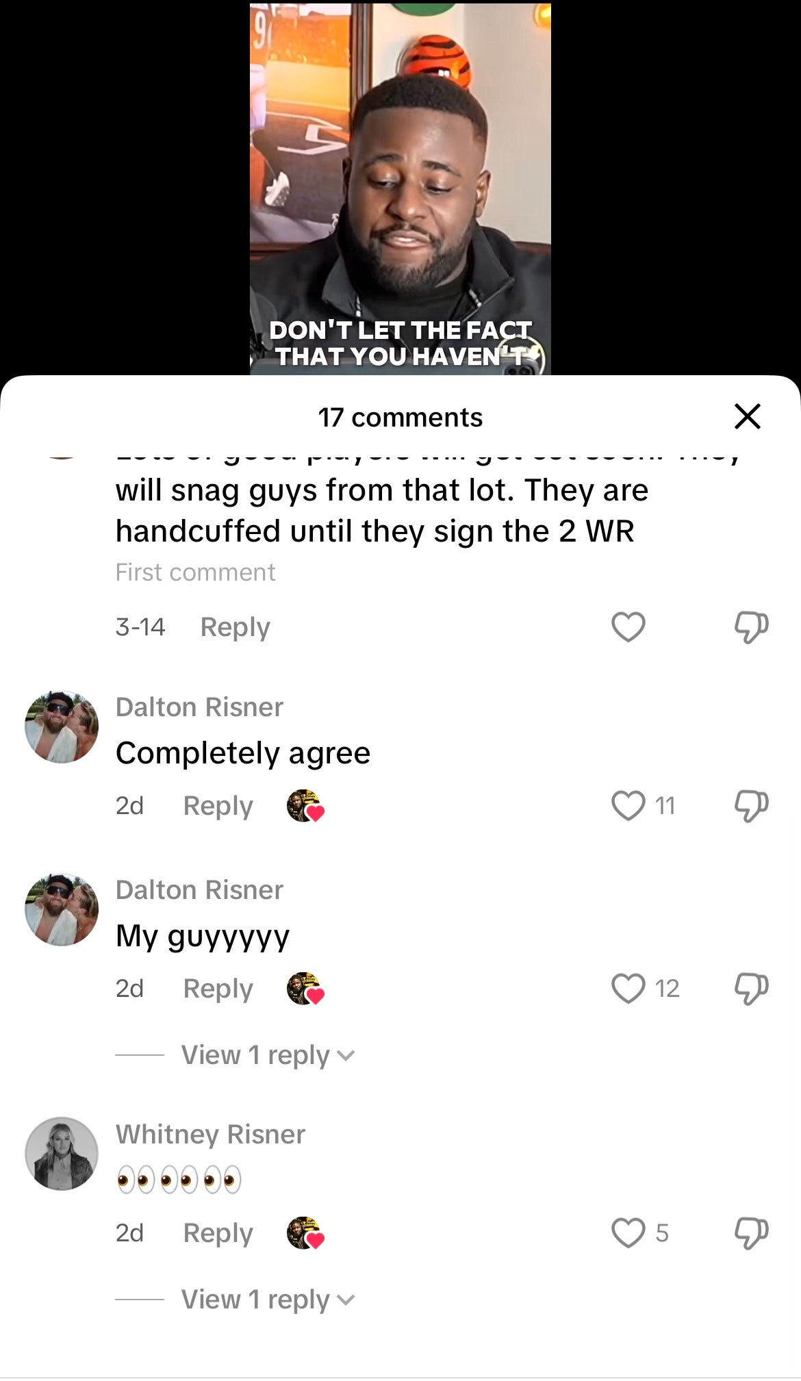Dalton Risner and Whitney Risner comment on Malik Wright's TikTok post.