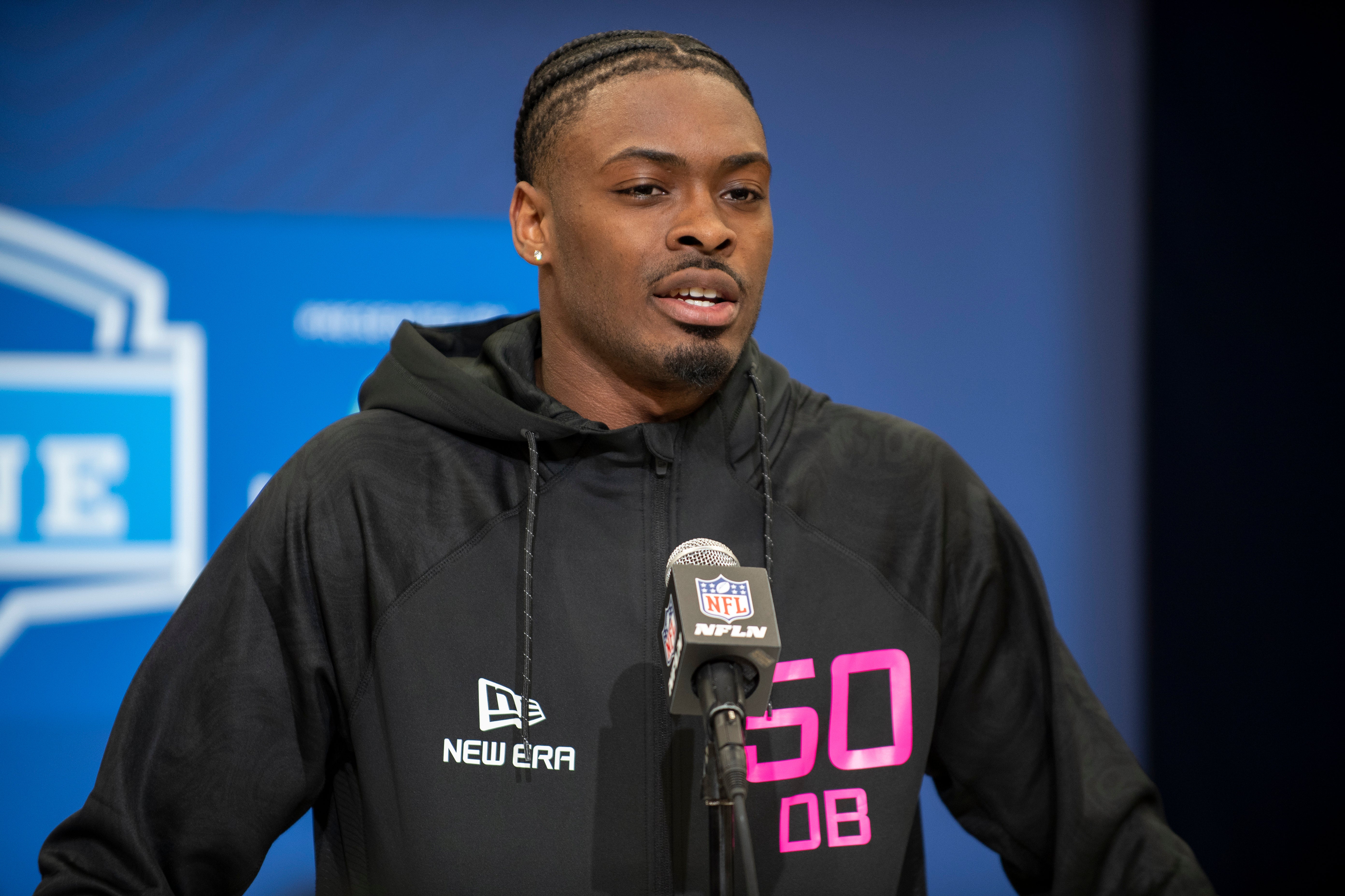 Feb 27, 2025; Indianapolis, IN, USA; Georgia defensive back Malaki Starks (DB50) during the 2025 NFL Combine at Lucas Oil Stadium.