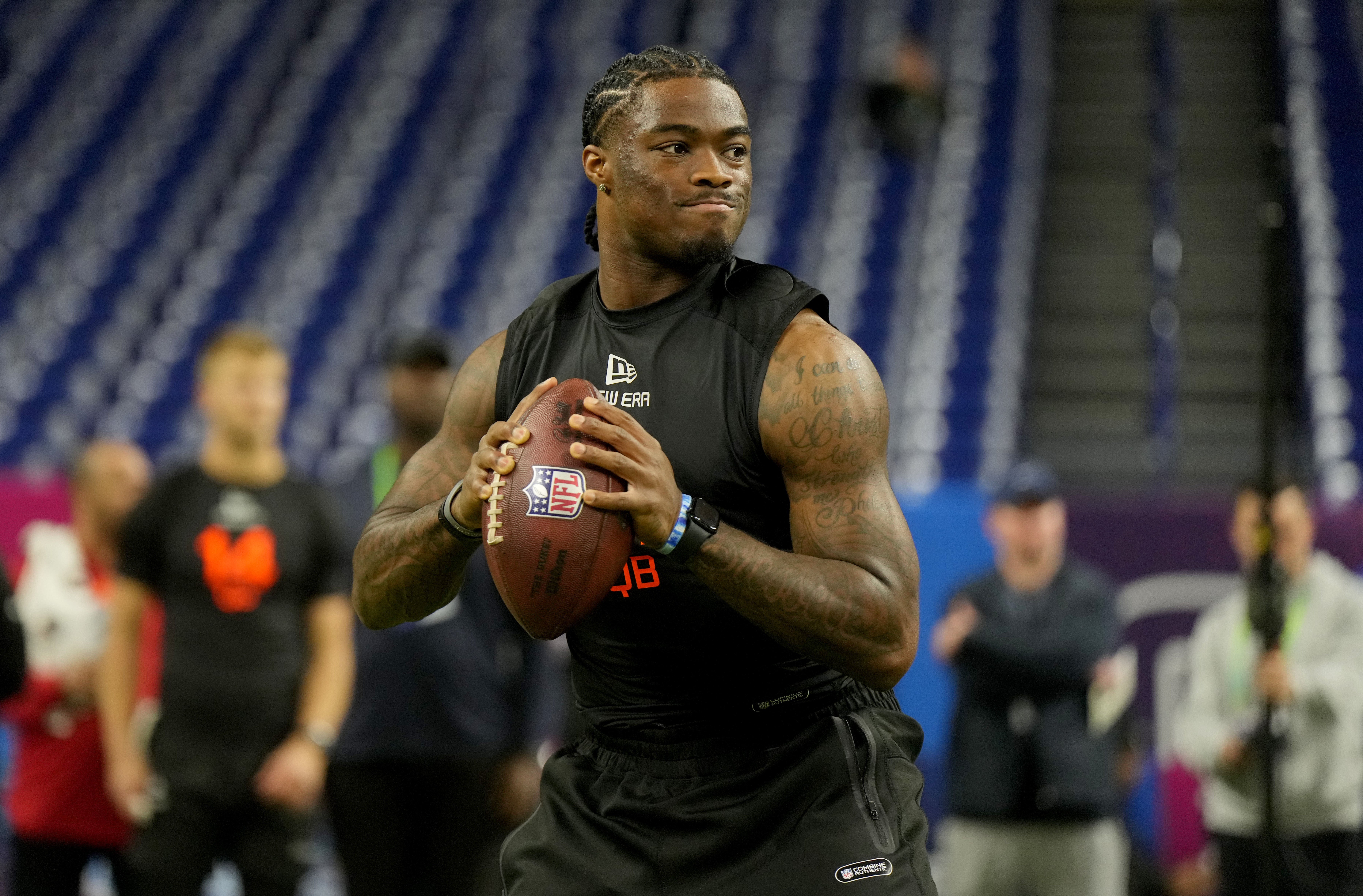 Milroe (QB11) during the 2025 NFL Combine at Lucas Oil Stadium.