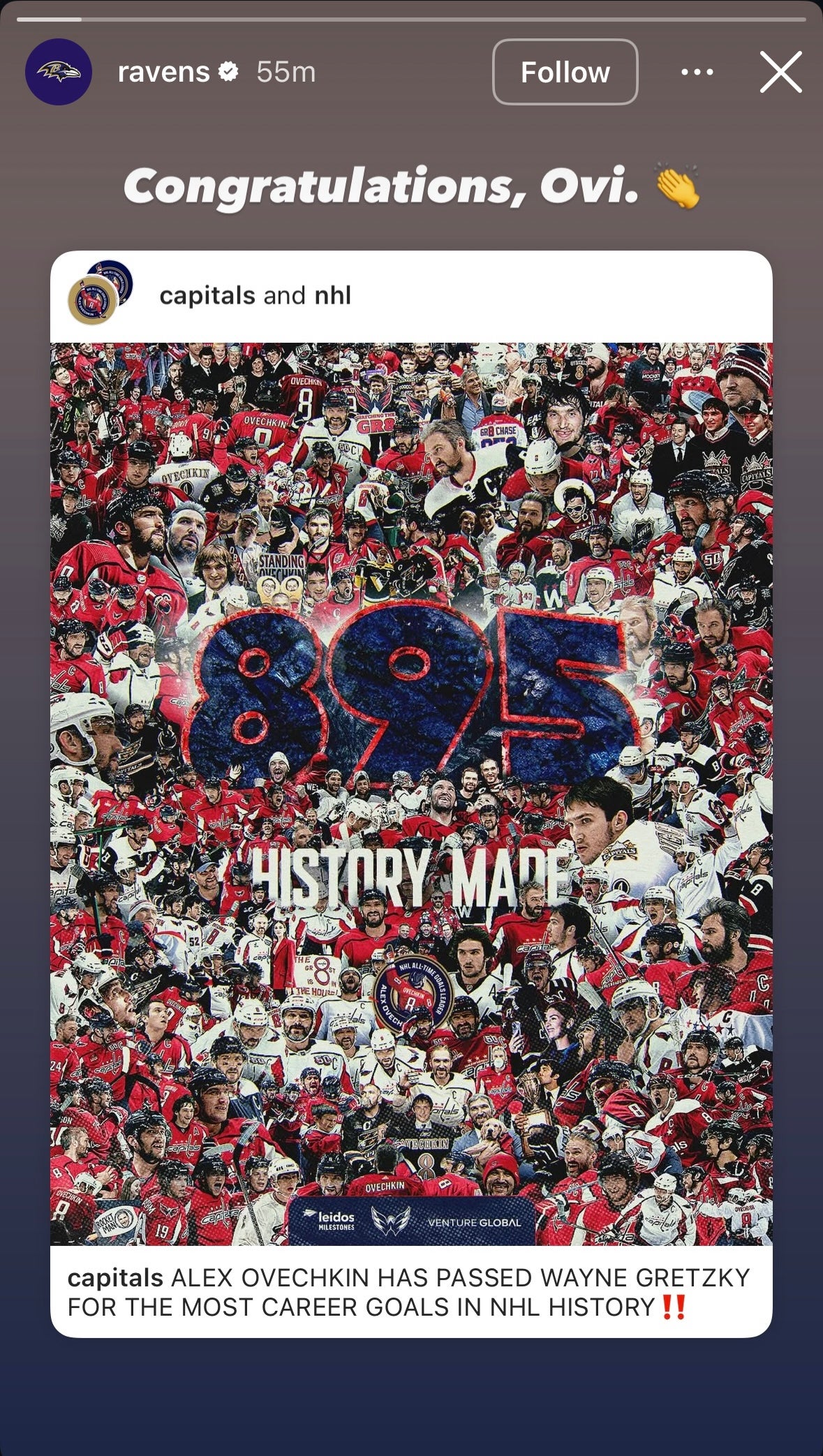 Baltimore Ravens Instagram Story Congratulating Alexander Ovechkin for breaking NHL record for goals.