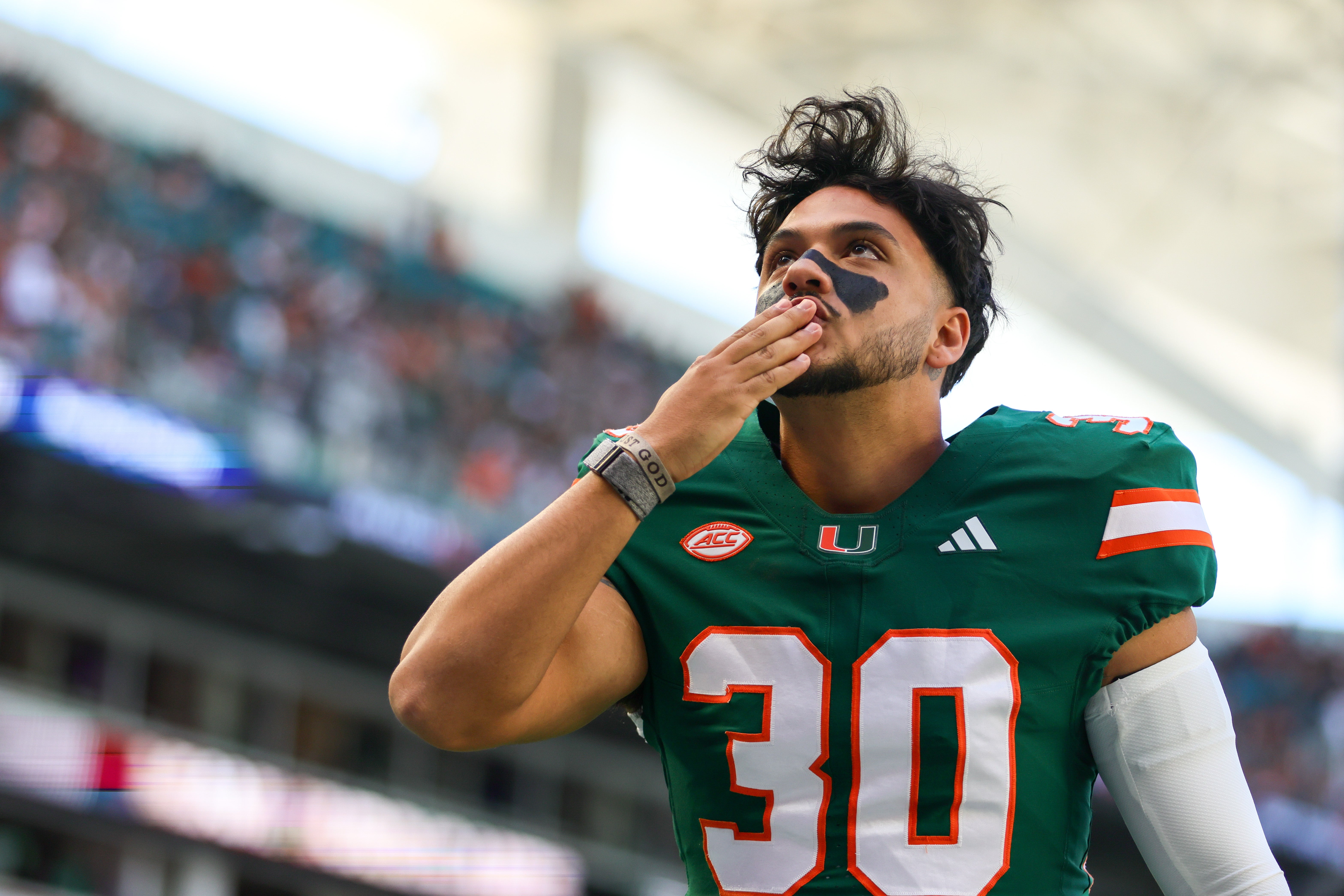 Nov 23, 2024; Miami Gardens, Florida, USA; Miami Hurricanes place kicker Andres Borregales (30) blows a kiss before the game against the Wake Forest Demon Deacons at Hard Rock Stadium