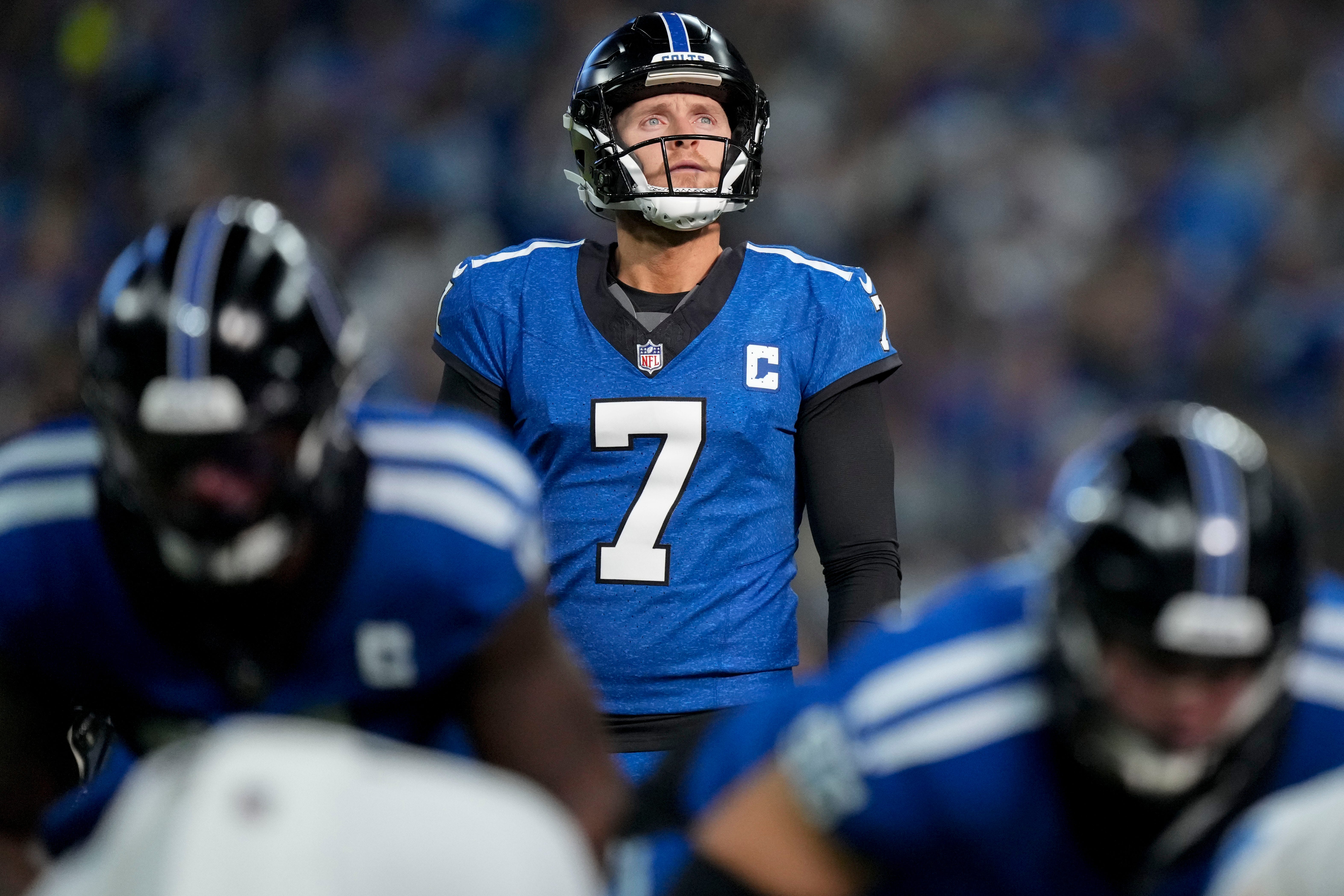 Indianapolis Colts place kicker Matt Gay (7) looks up toward the goal posts Sunday, Nov. 24, 2024, during a game against the Detroit Lions at Lucas Oil Stadium in Indianapolis.