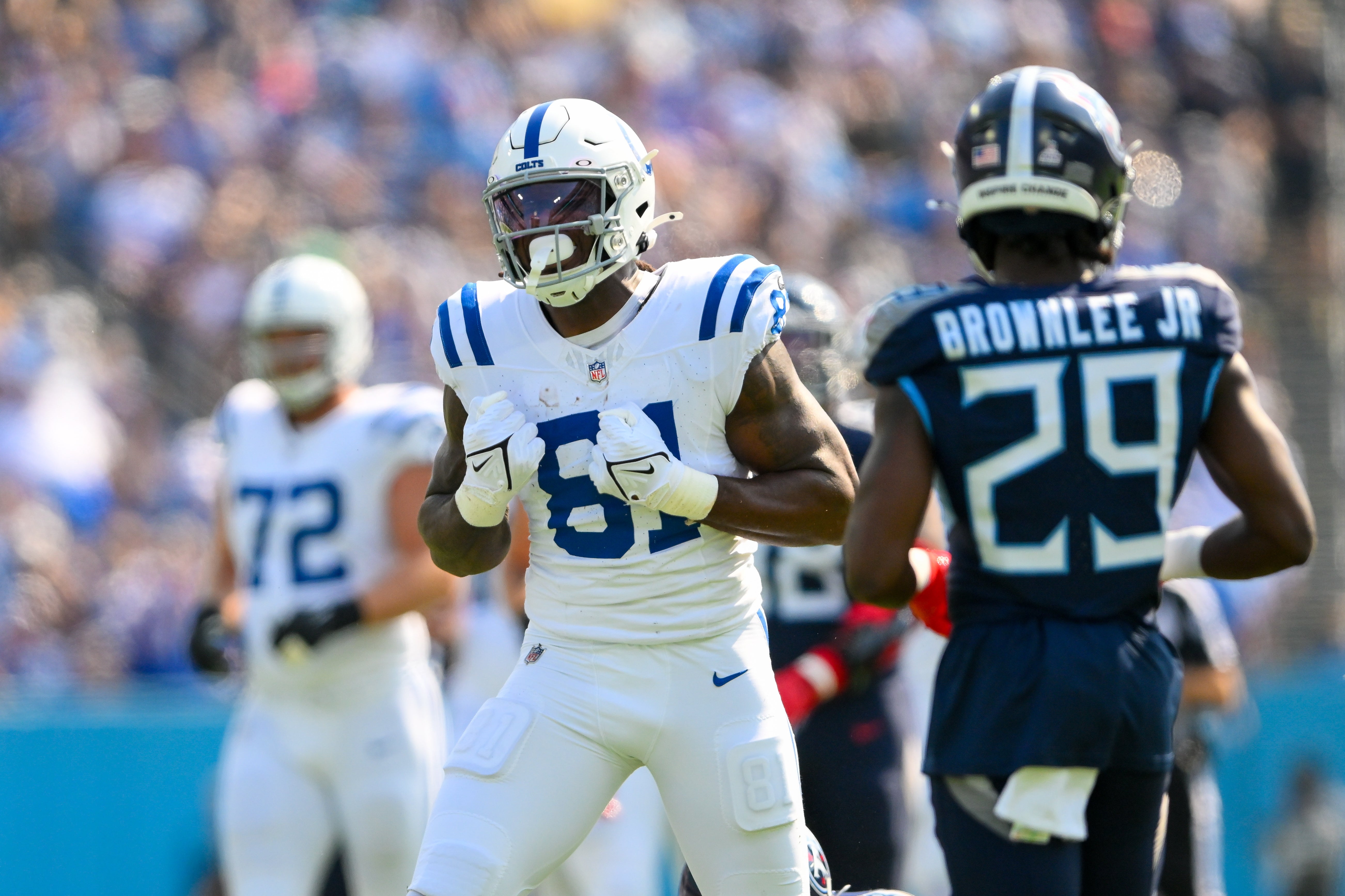 Oct 13, 2024; Nashville, Tennessee, USA; Indianapolis Colts tight end Mo Alie-Cox (81) celebrates a made catch against the Tennessee Titans during the first half at Nissan Stadium.