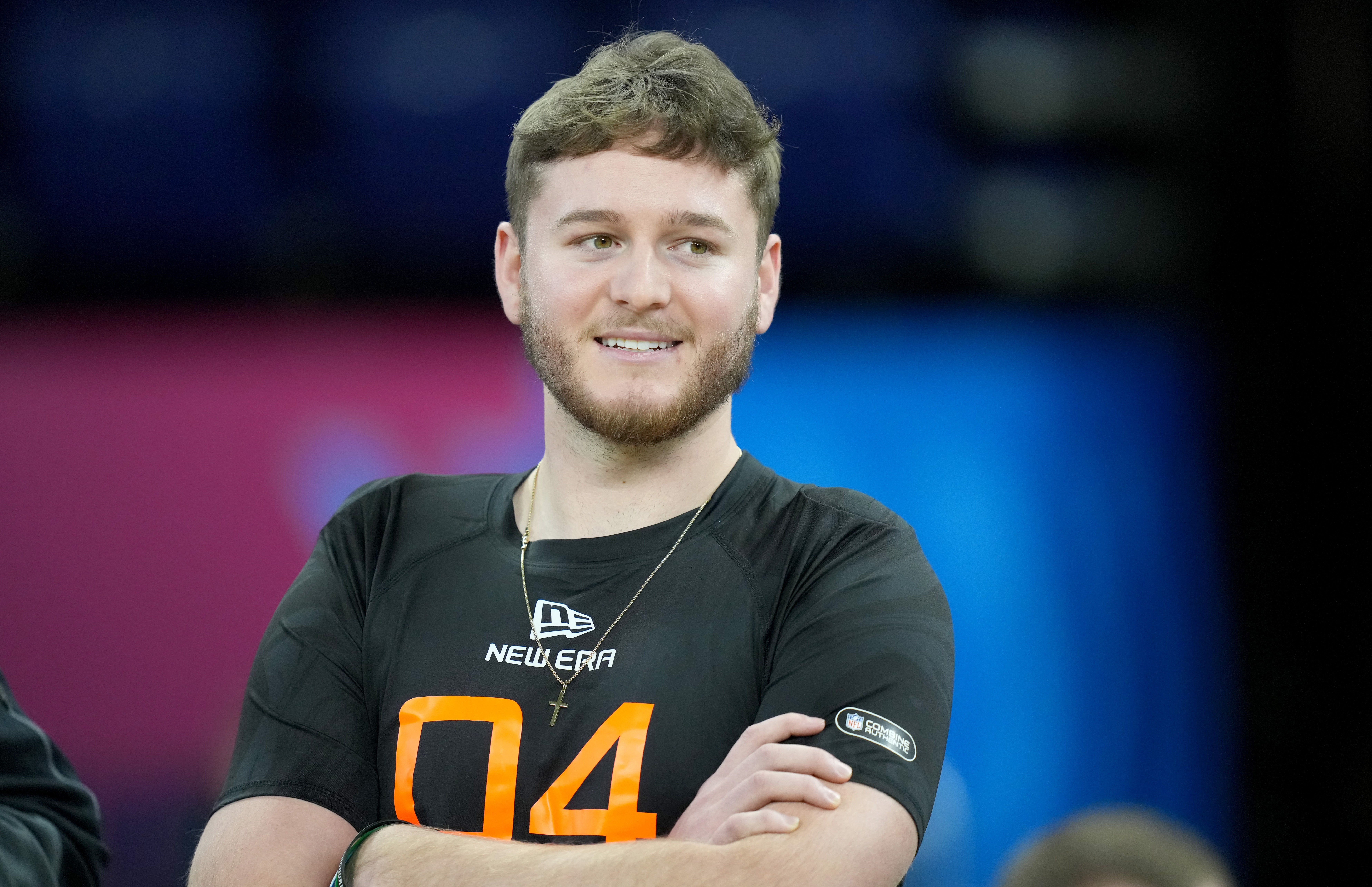 Mar 1, 2025; Indianapolis, IN, USA; Texas quarterback Quinn Ewers (QB04) during the 2025 NFL Combine at Lucas Oil Stadium.