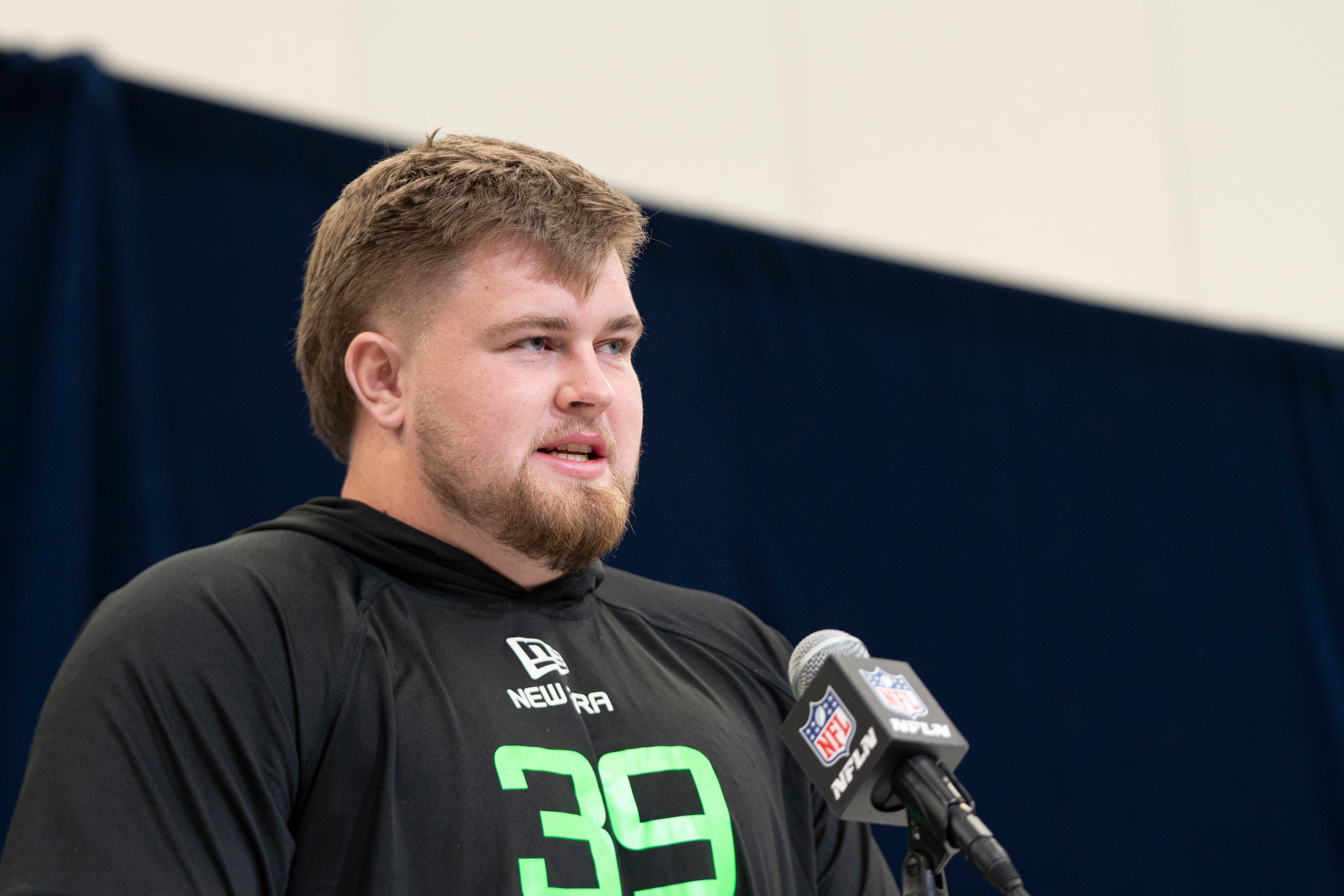 Mar 1, 2025; Indianapolis, IN, USA; California State University-Sacramento offensive lineman Jackson Slater (OL39) answers questions at a press conference during the 2025 NFL Combine at Indiana Convention Center.