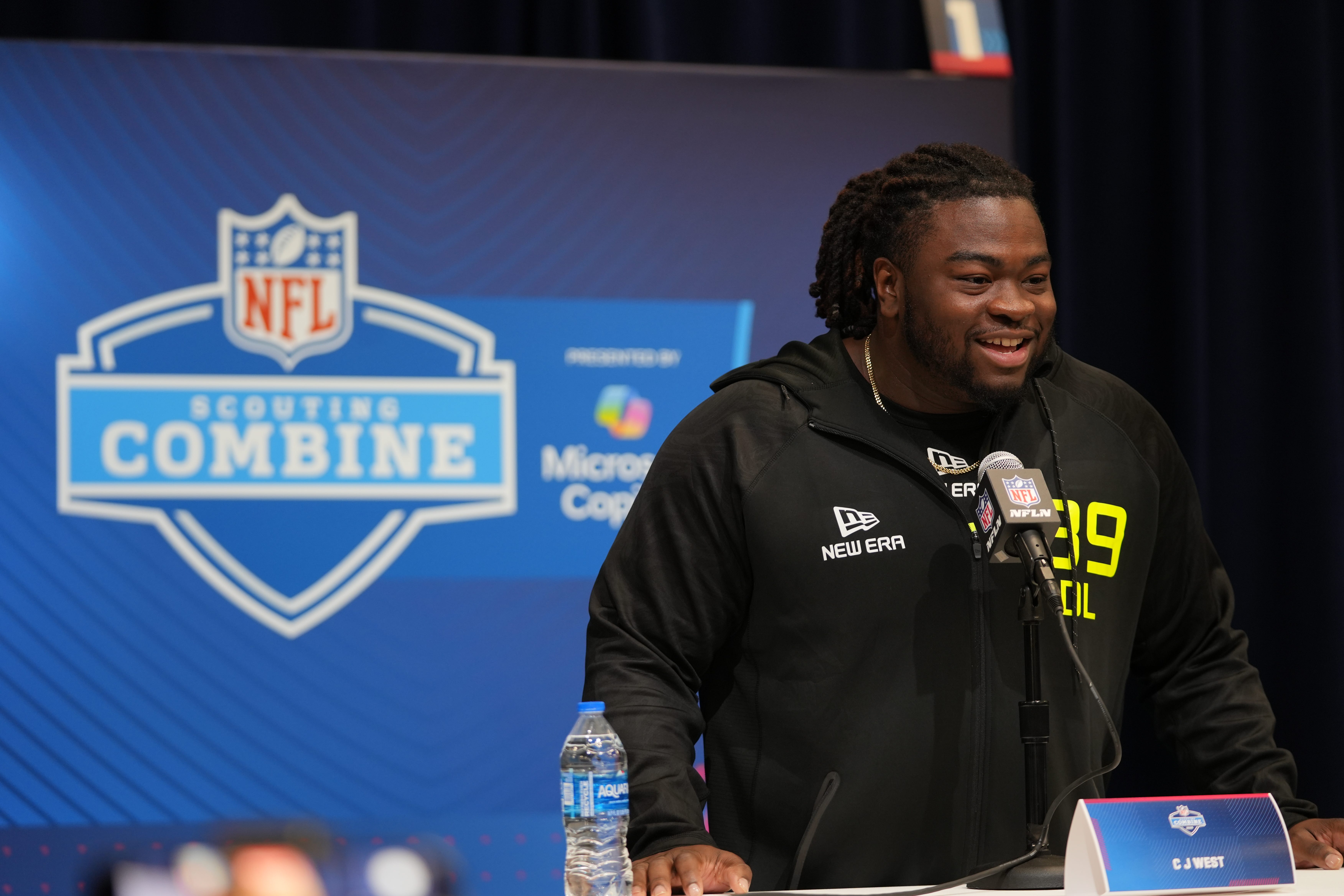 Indiana defensive lineman C.J. West speaks to the media during the 2025 NFL draft.