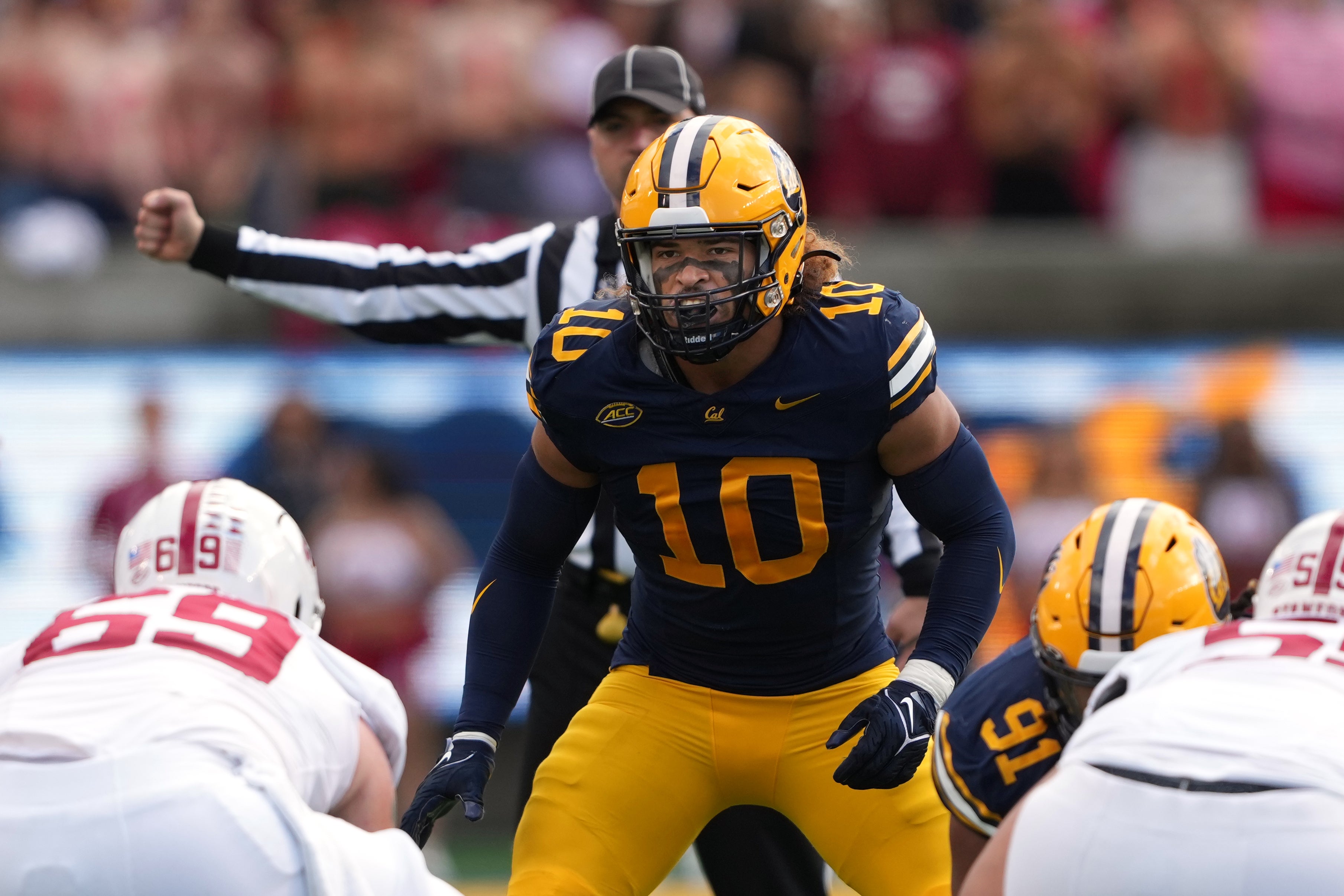 Nov 23, 2024; Berkeley, California, USA; California Golden Bears linebacker Teddye Buchanan (10) during the second quarter against the Stanford Cardinal at California Memorial Stadium. 