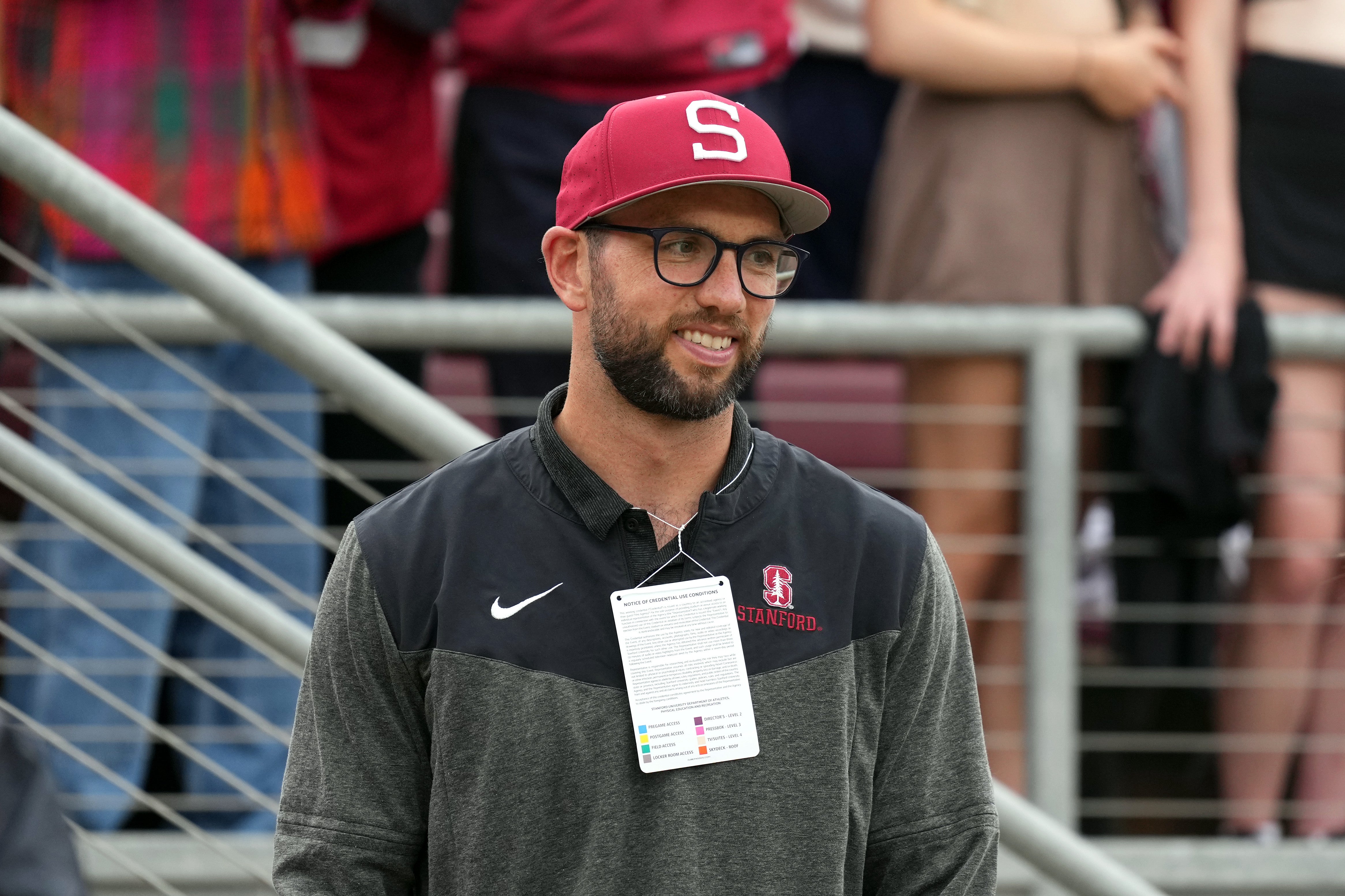 Sep 30, 2023; Stanford, California, USA; Stanford Cardinal and NFL former quarterback Andrew Luck stands on the sidelines during the second quarter against the Oregon Ducks at Stanford Stadium.