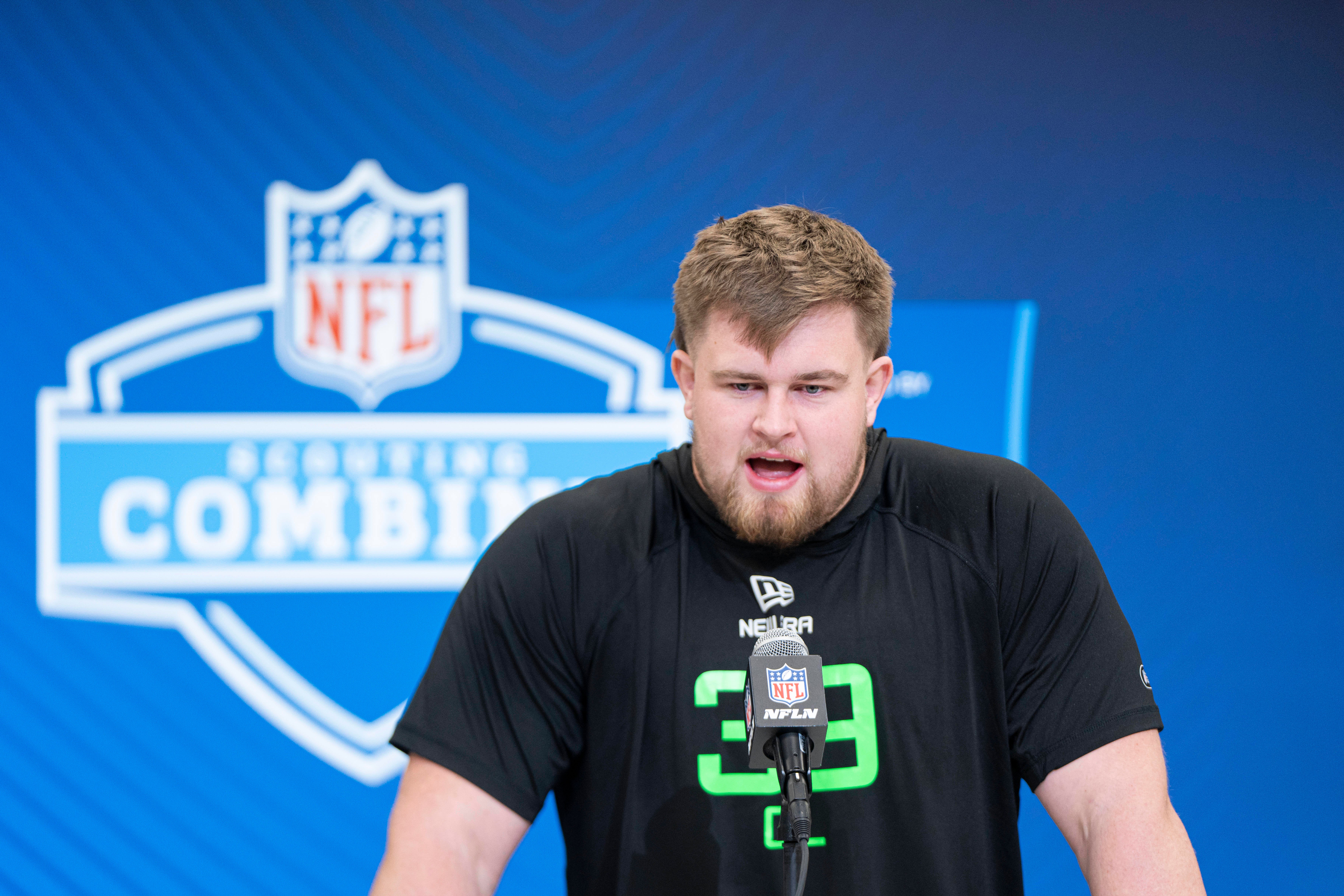 Mar 1, 2025; Indianapolis, IN, USA; California State University-Sacramento offensive lineman Jackson Slater (OL39) answers questions at a press conference during the 2025 NFL Combine at Indiana Convention Center.