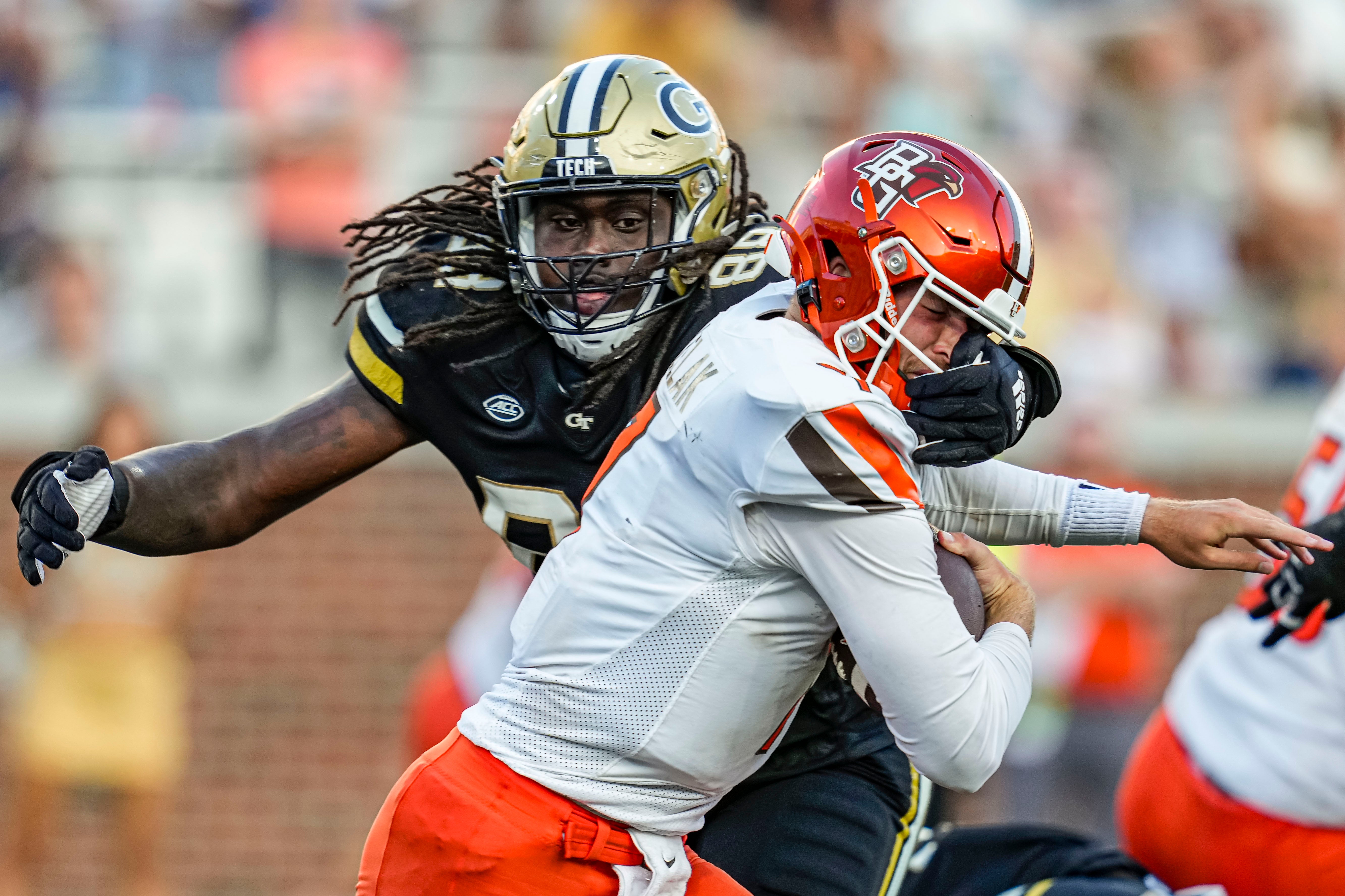 Sep 30, 2023; Atlanta, Georgia, USA; Georgia Tech Yellow Jackets defensive lineman Zeek Biggers (88) face masks Bowling Green Falcons quarterback Connor Bazelak (7) during the second half at Hyundai Field.