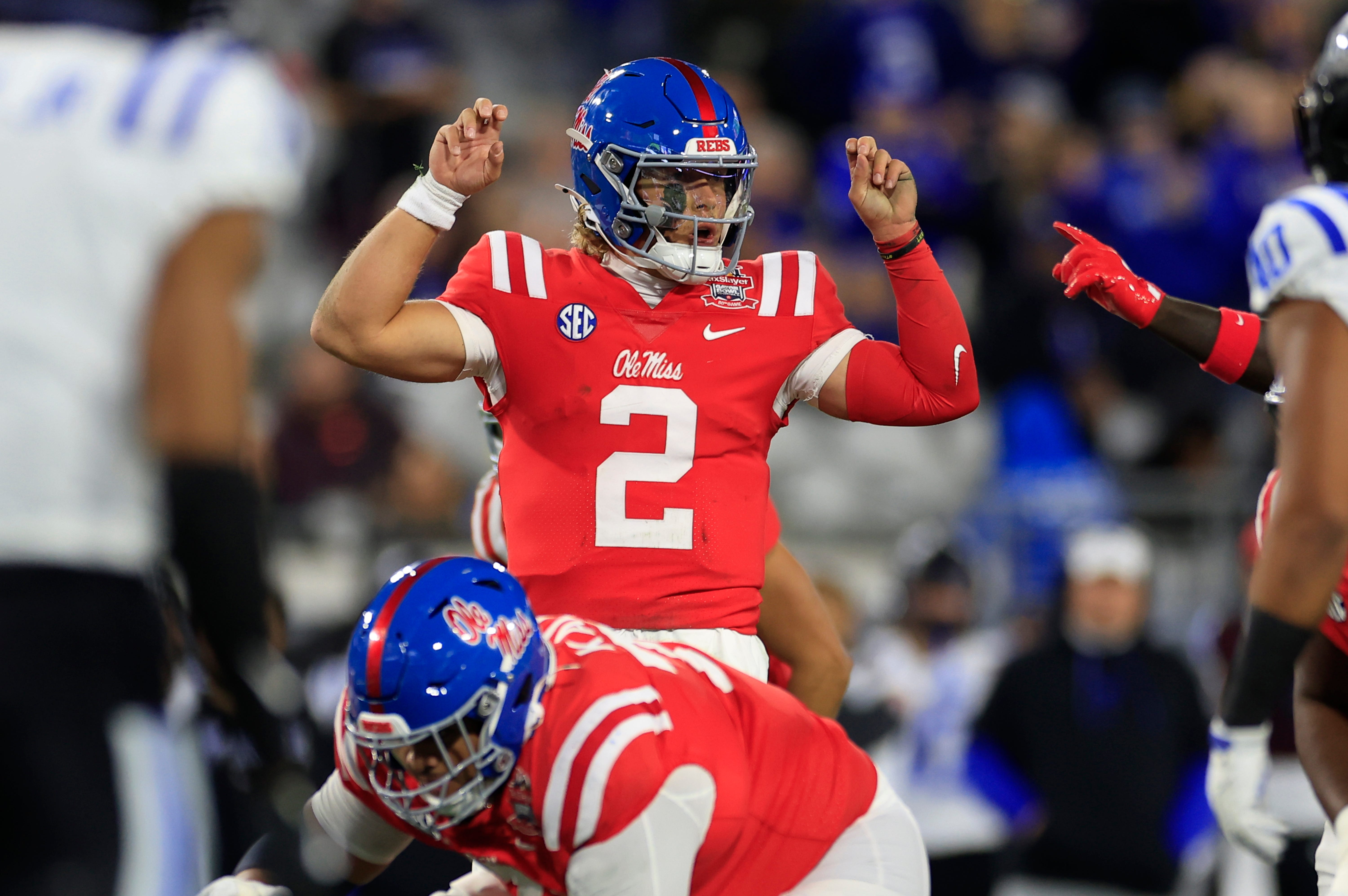 Mississippi Rebels quarterback Jaxson Dart (2) calls a play during the first quarter of the TaxSlayer Gator Bowl Thursday, Jan. 2, 2025 at EverBank Stadium in Jacksonville, Fla.