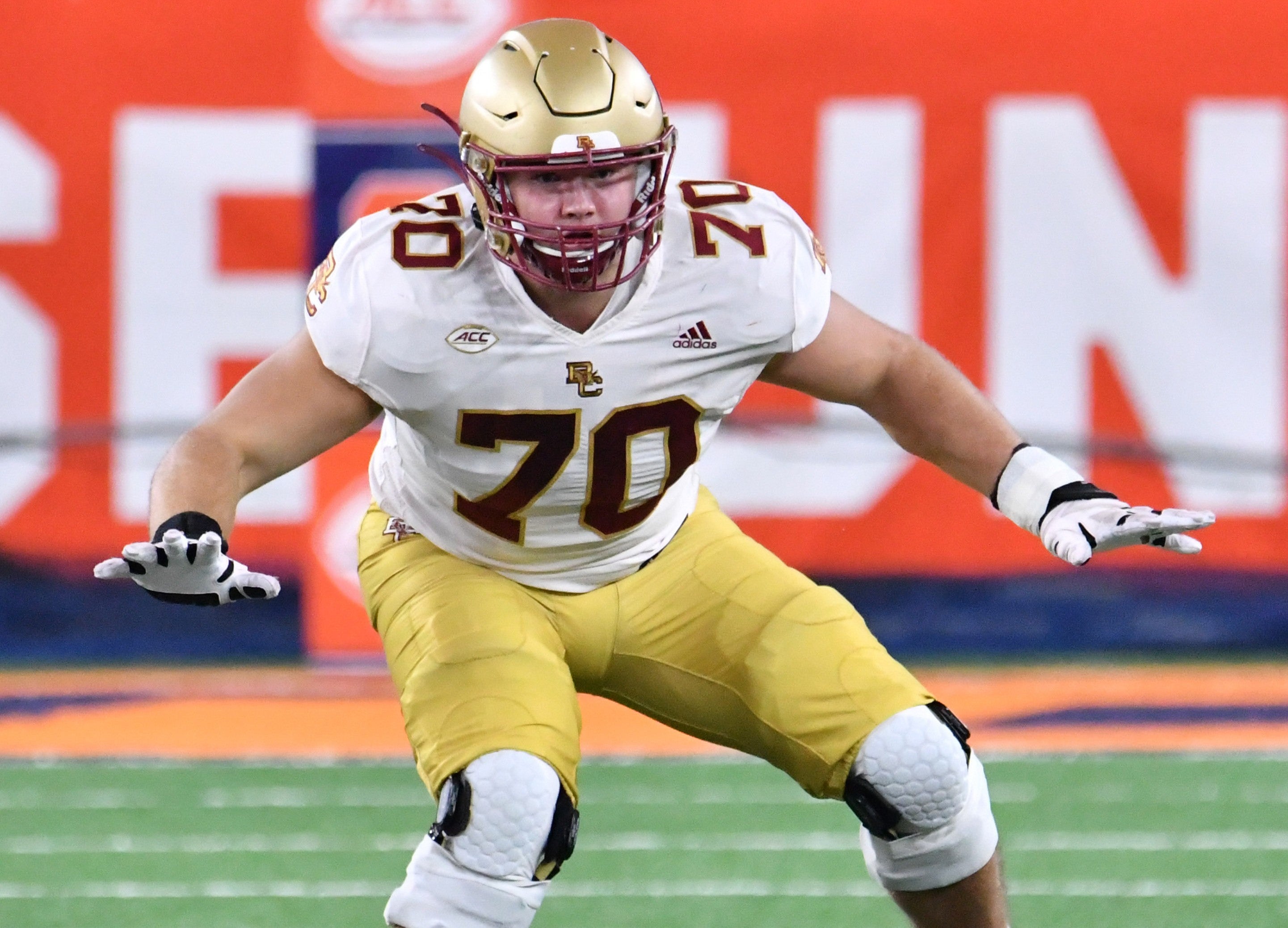 Oct 30, 2021; Syracuse, New York, USA; Boston College Eagles offensive lineman Ozzy Trapilo (70) in pass protection against the Syracuse Orange in the fourth quarter at the Carrier Dome.
