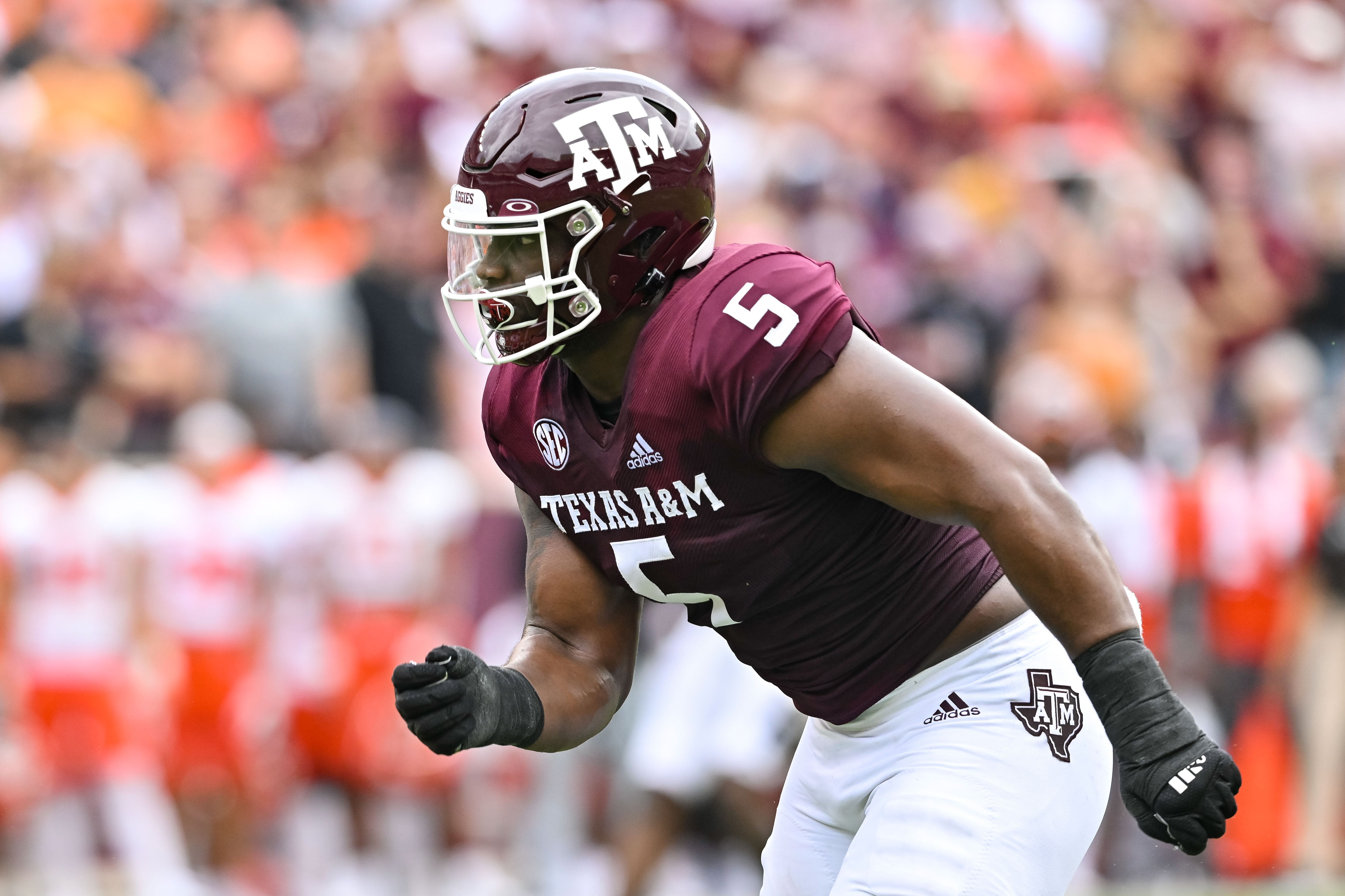 Sep 3, 2022; College Station, Texas, USA; Texas A&M Aggies defensive lineman Shemar Turner (5) in action during the first quarter against the Sam Houston State Bearkats at Kyle Field.